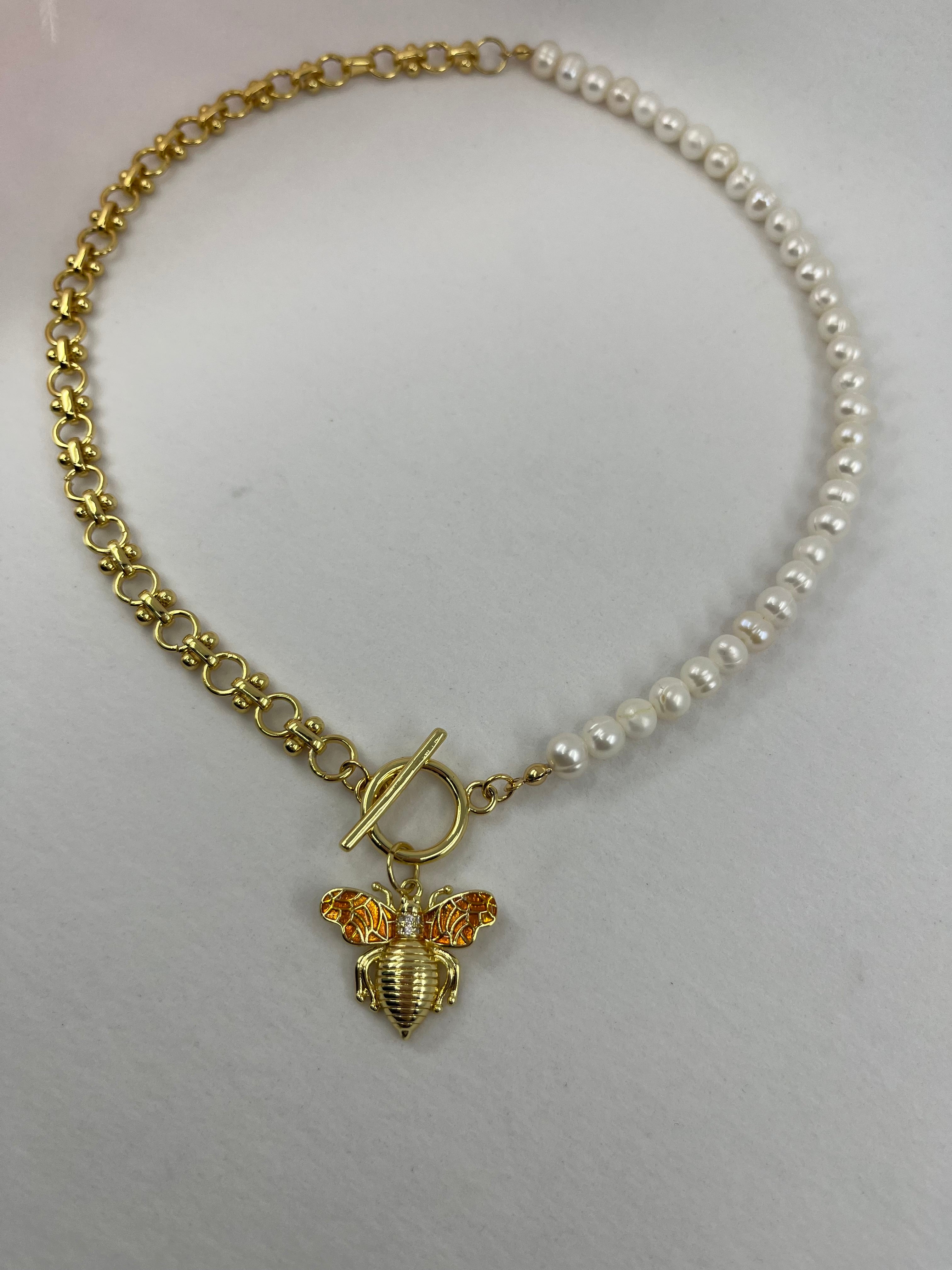 Asymmetrical Pearl Necklace with Bee Pendant, 18K Gold Plated Chain