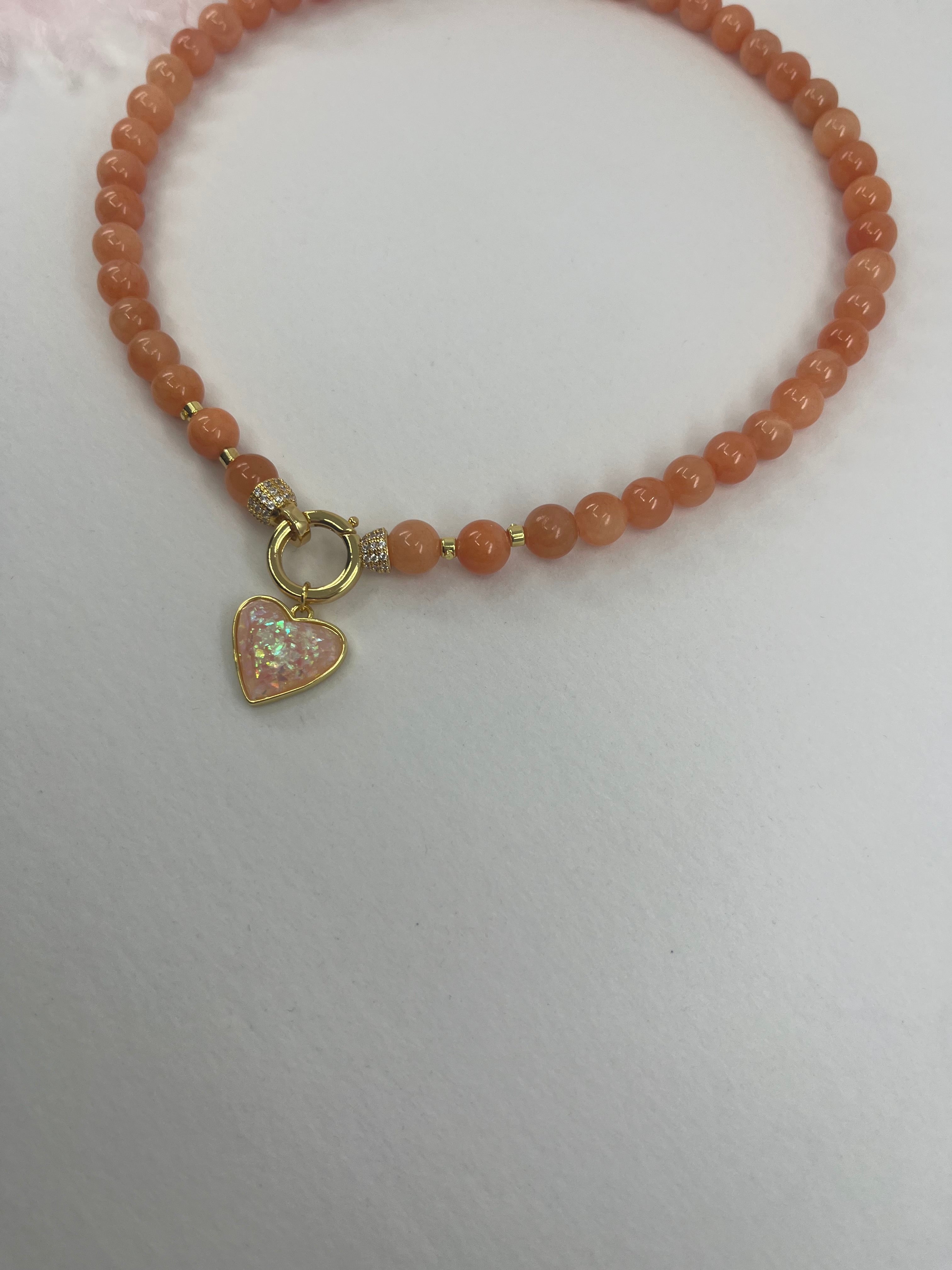 Natural Coral Jade Necklace with Heart Pendant