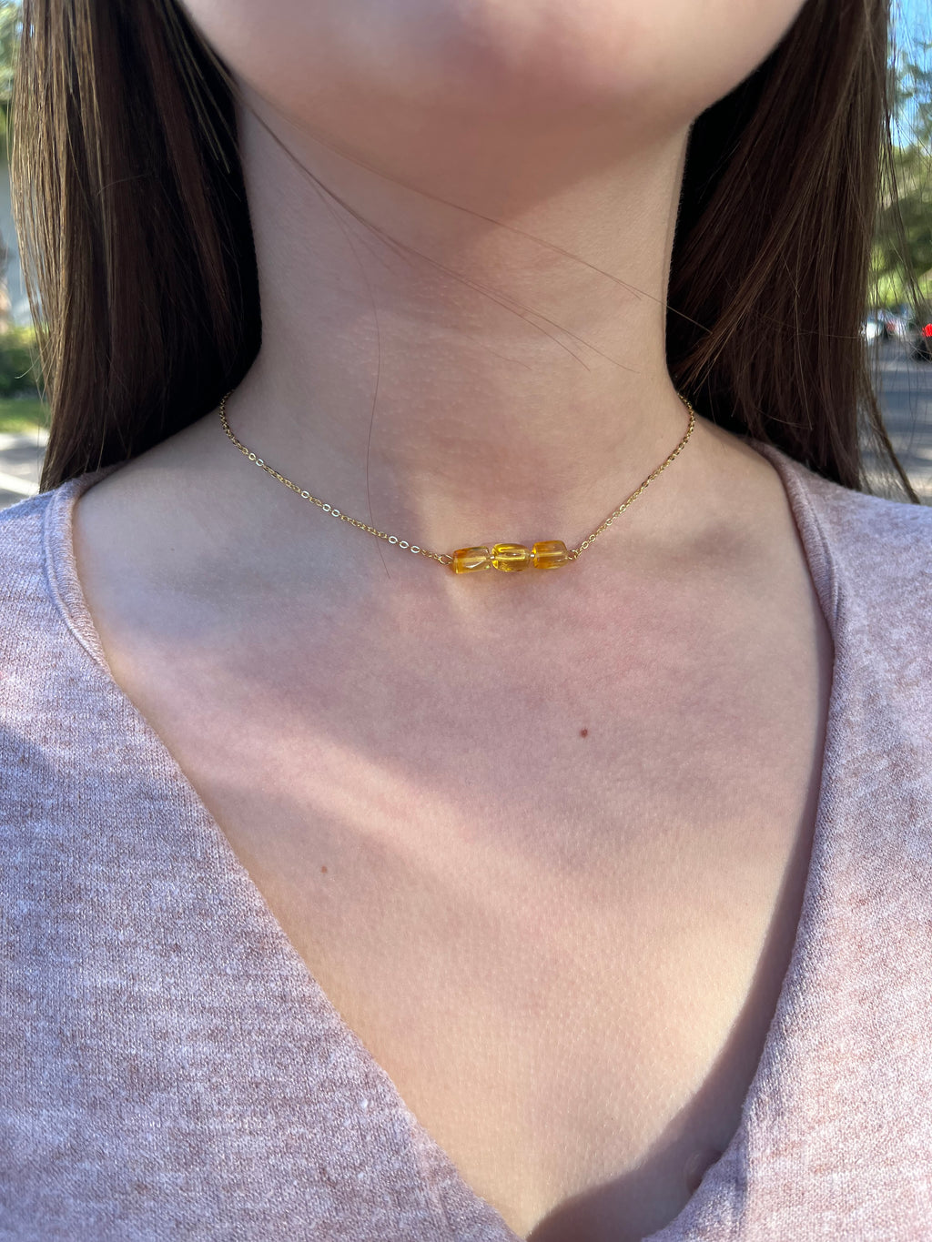 Natural Amber Necklace, chain 18k plated