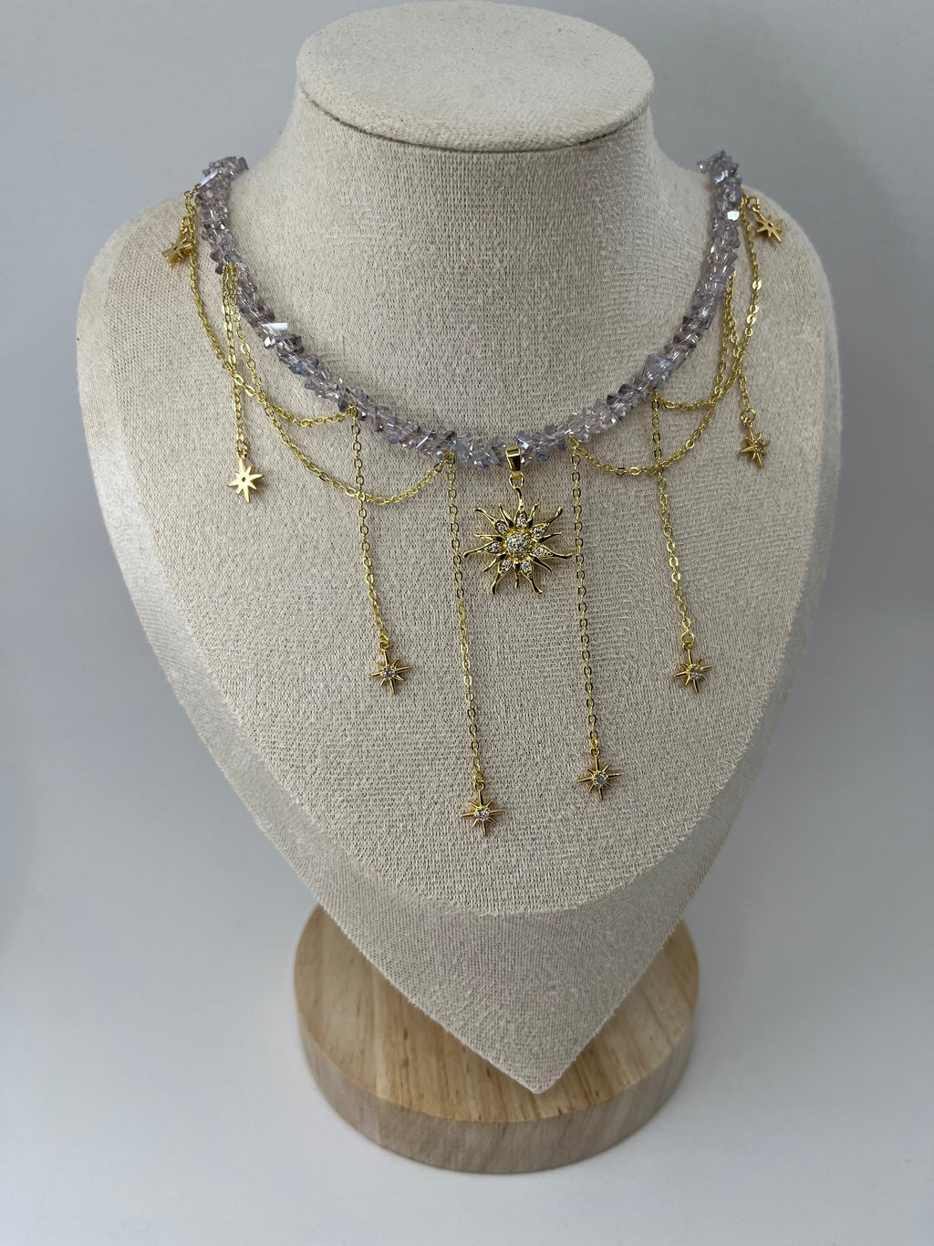 Handmade Crystal Sun & Star Necklace, 18K Gold Plated