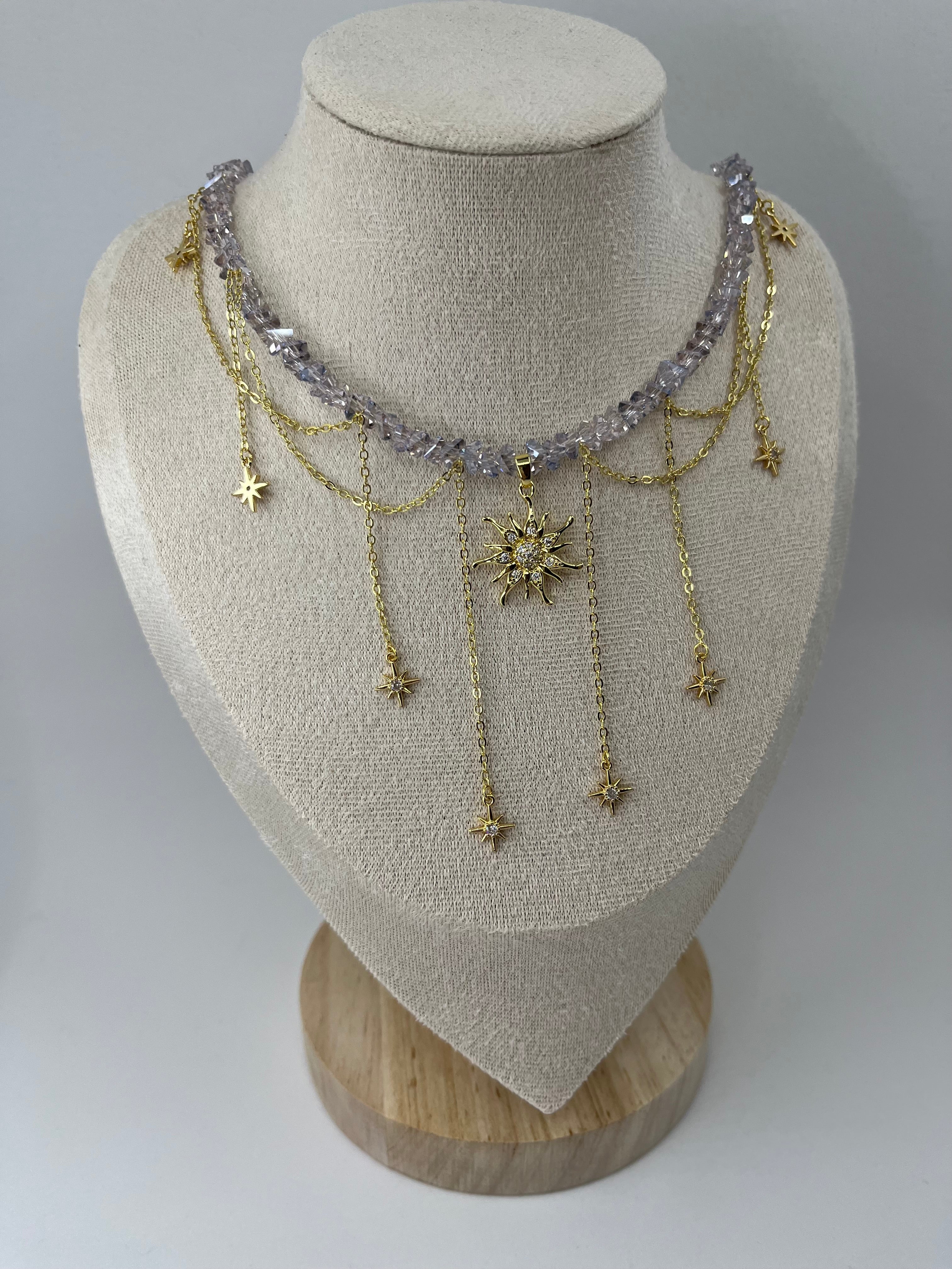 Handmade Crystal Sun & Star Necklace, 18K Gold Plated