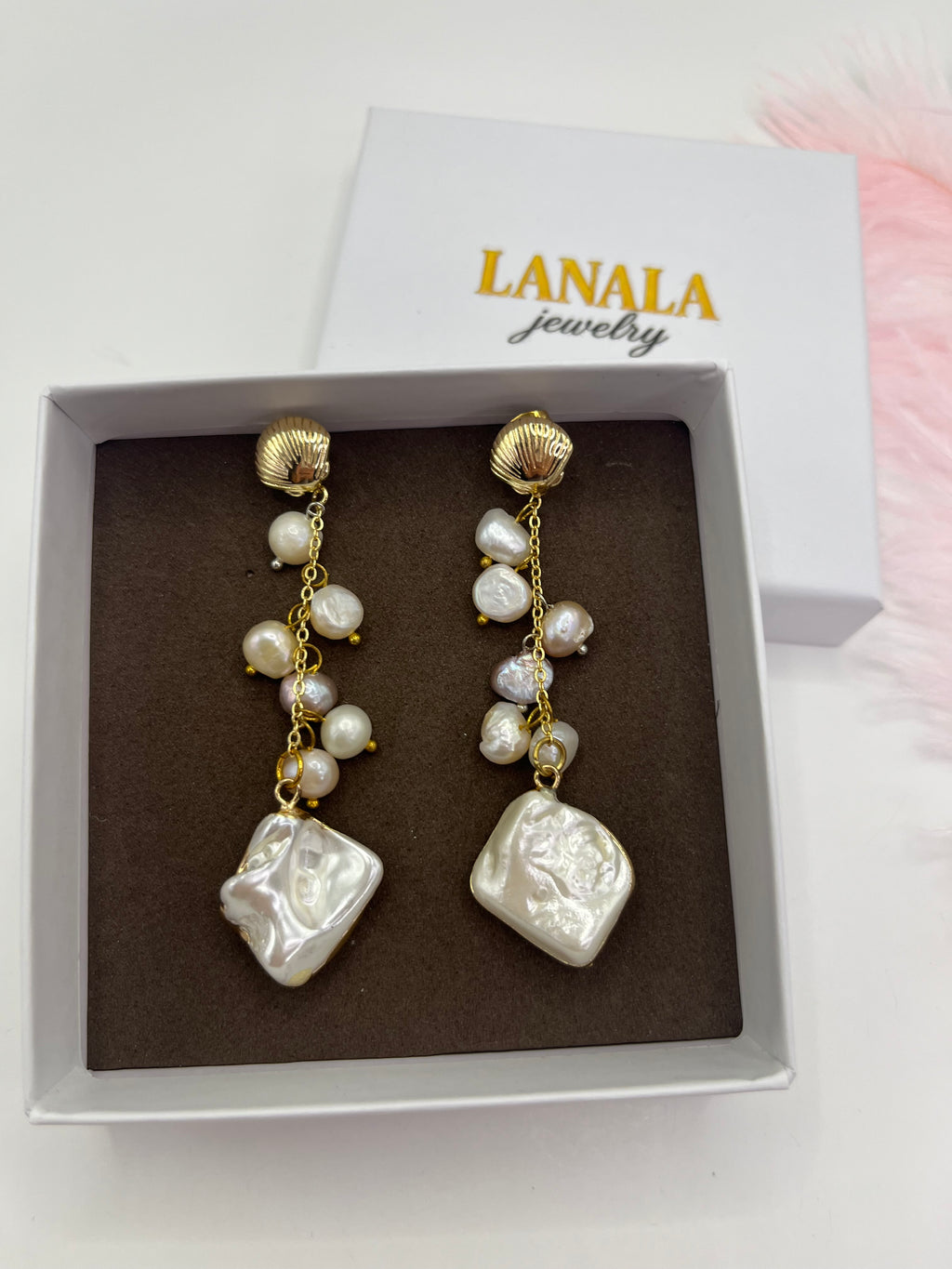 Long Natural Pearl Drop Earrings with baroque shell pendant