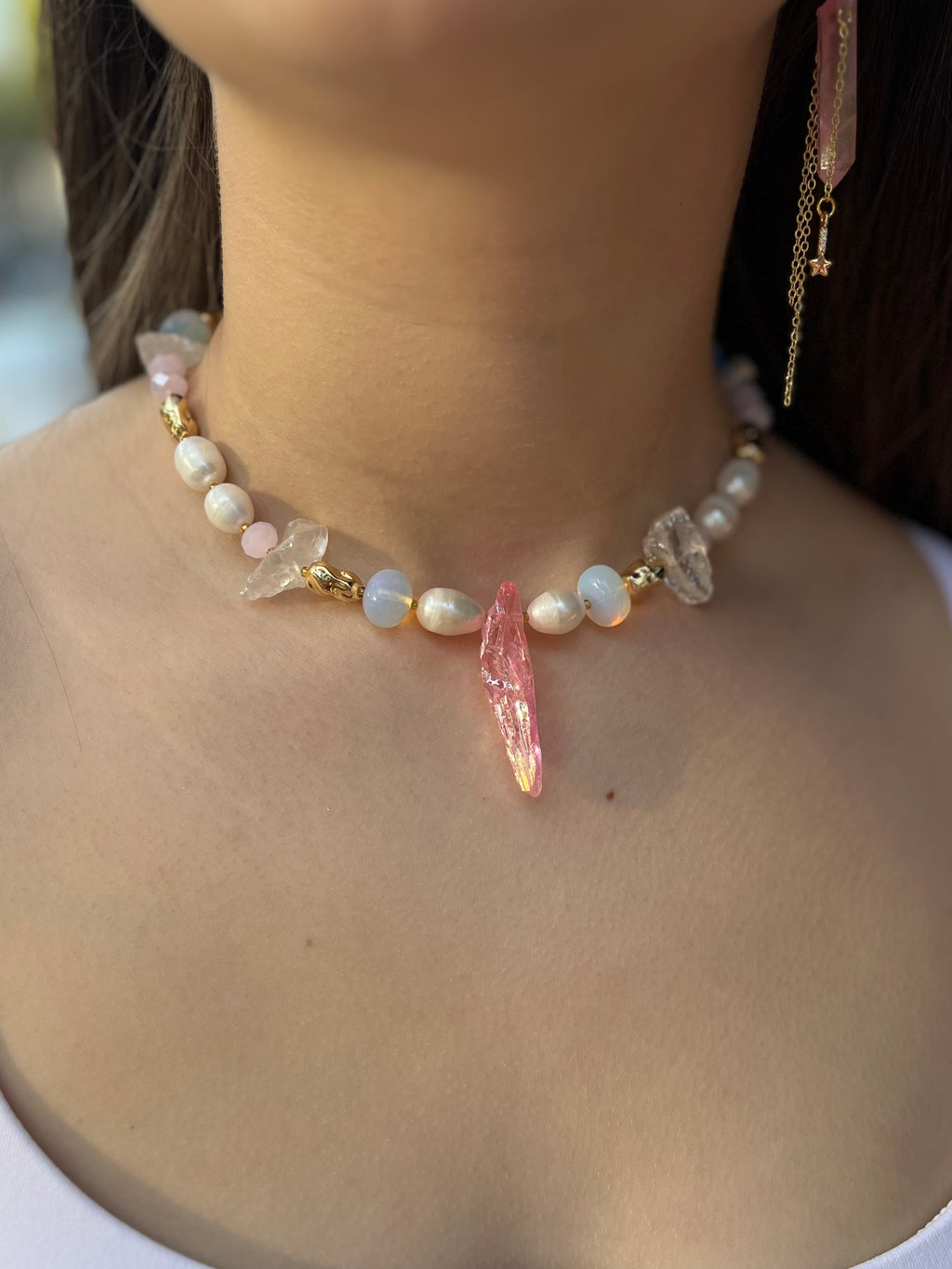 Set: Rose Quartz and Pearls Necklace and Earrings