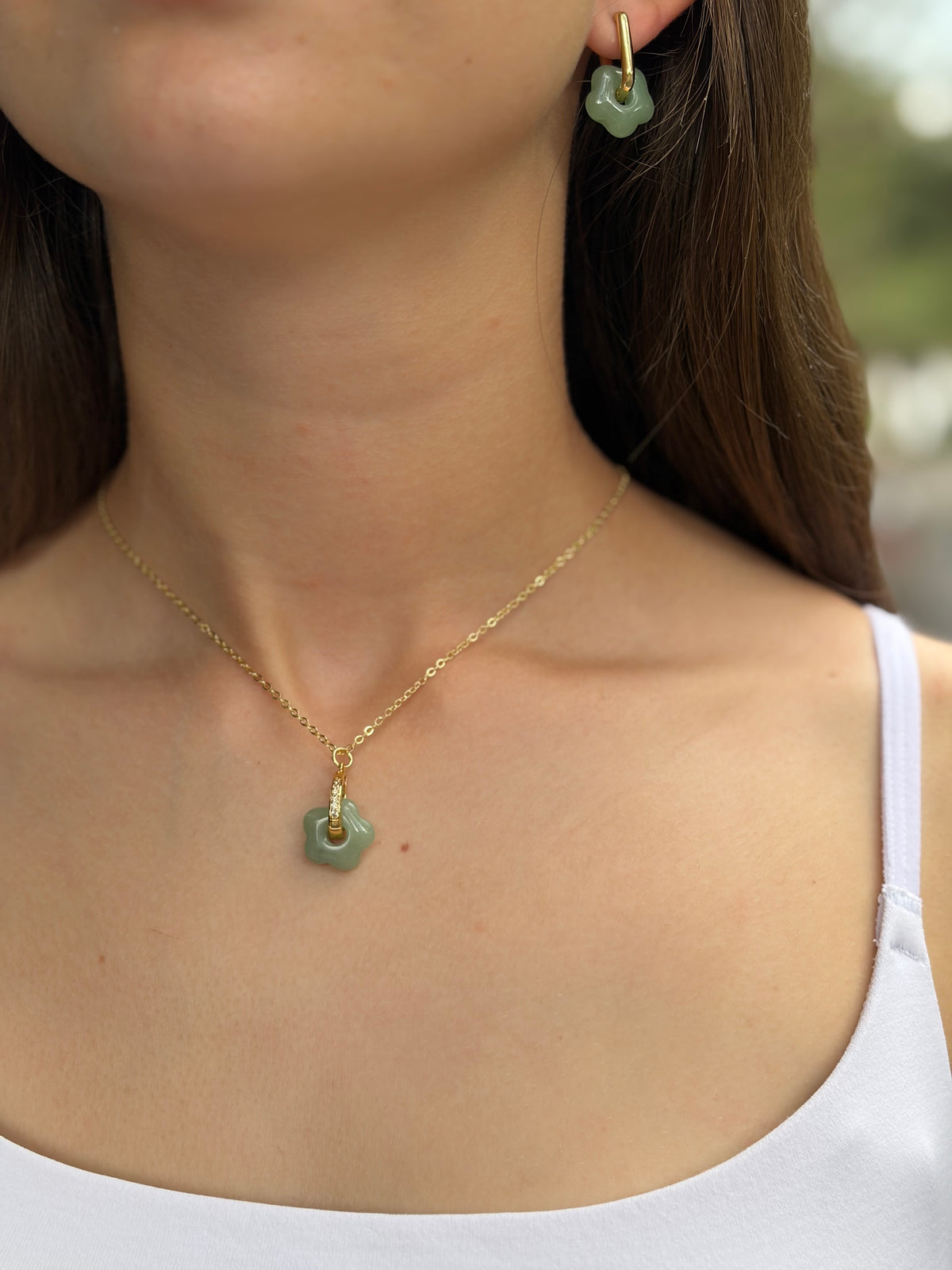 Aventurine flower necklace and earrings, 18K Gold Plated