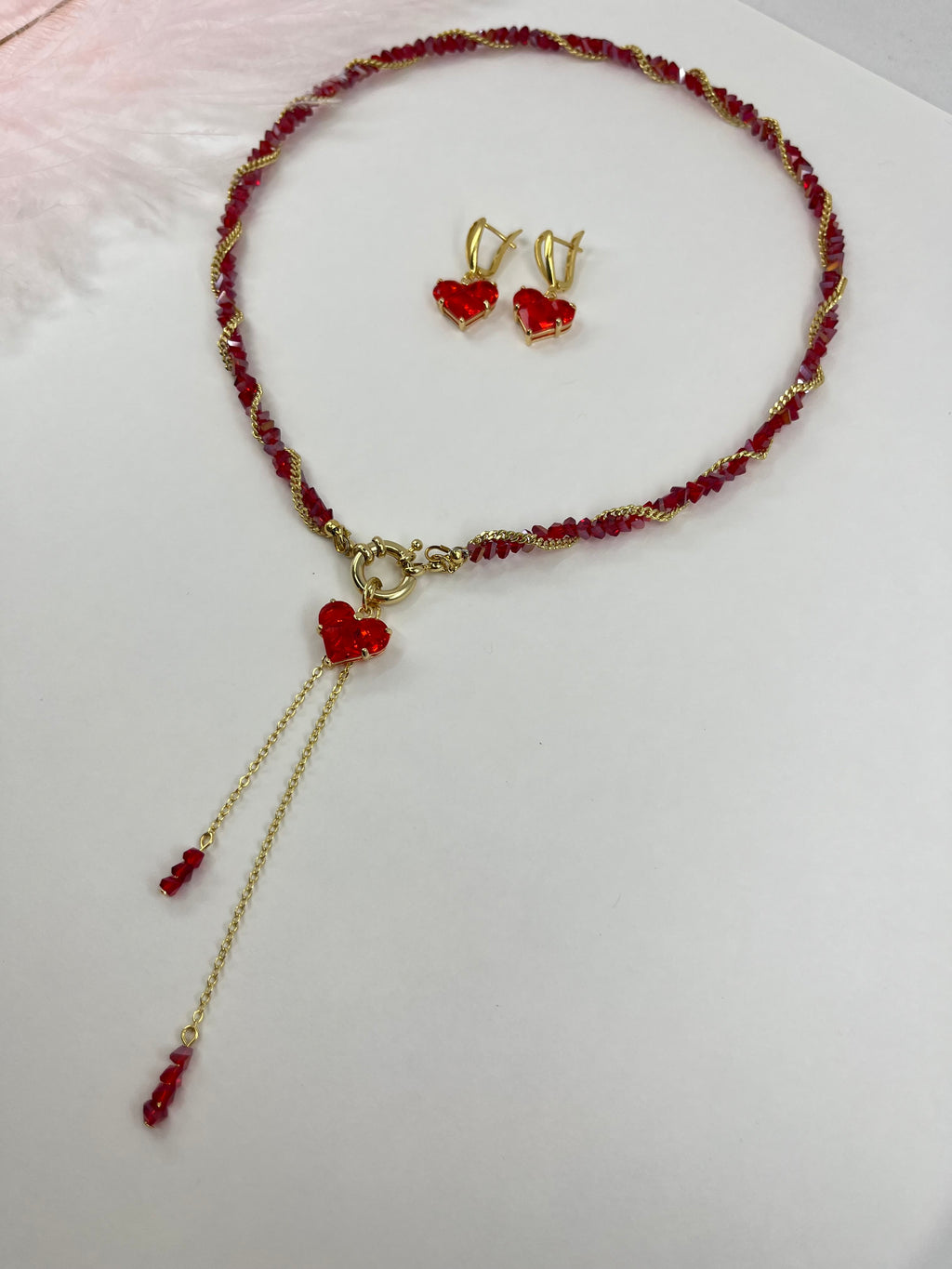 Set: Heart Red Crystal Y-Necklace and Earrings – 18K Gold Plated, Cubic Zirconia