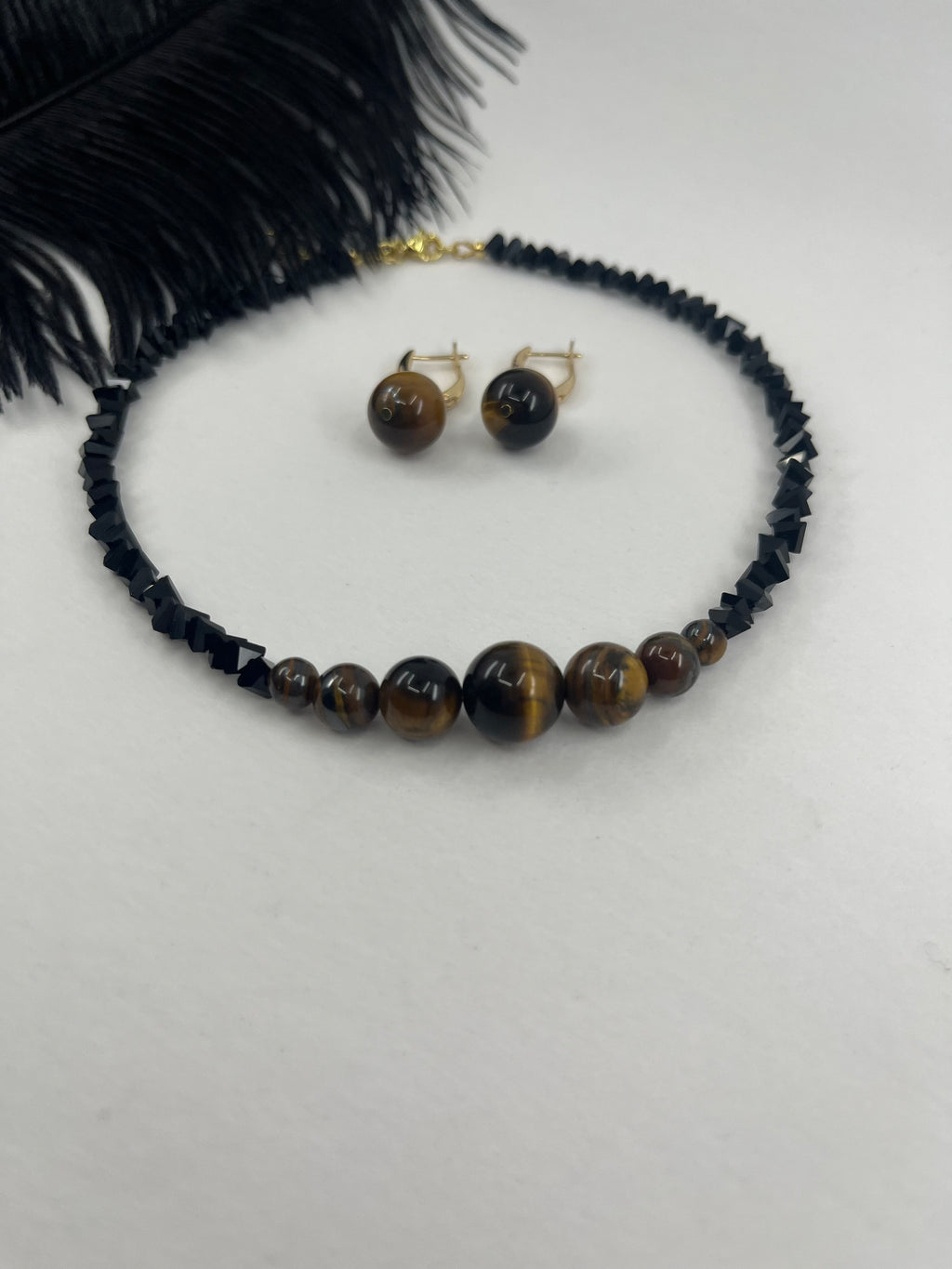 Set: Black Crystal Choker Necklace with Tiger Eye and earrings