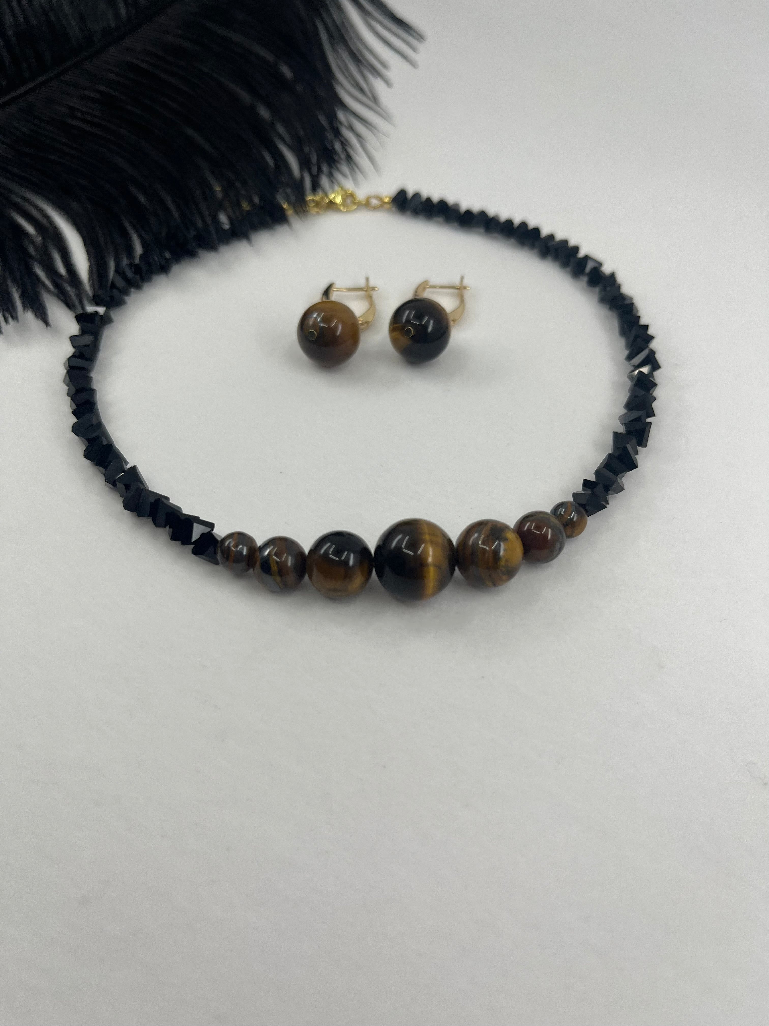 Set: Black Crystal Choker Necklace with Tiger Eye and earrings