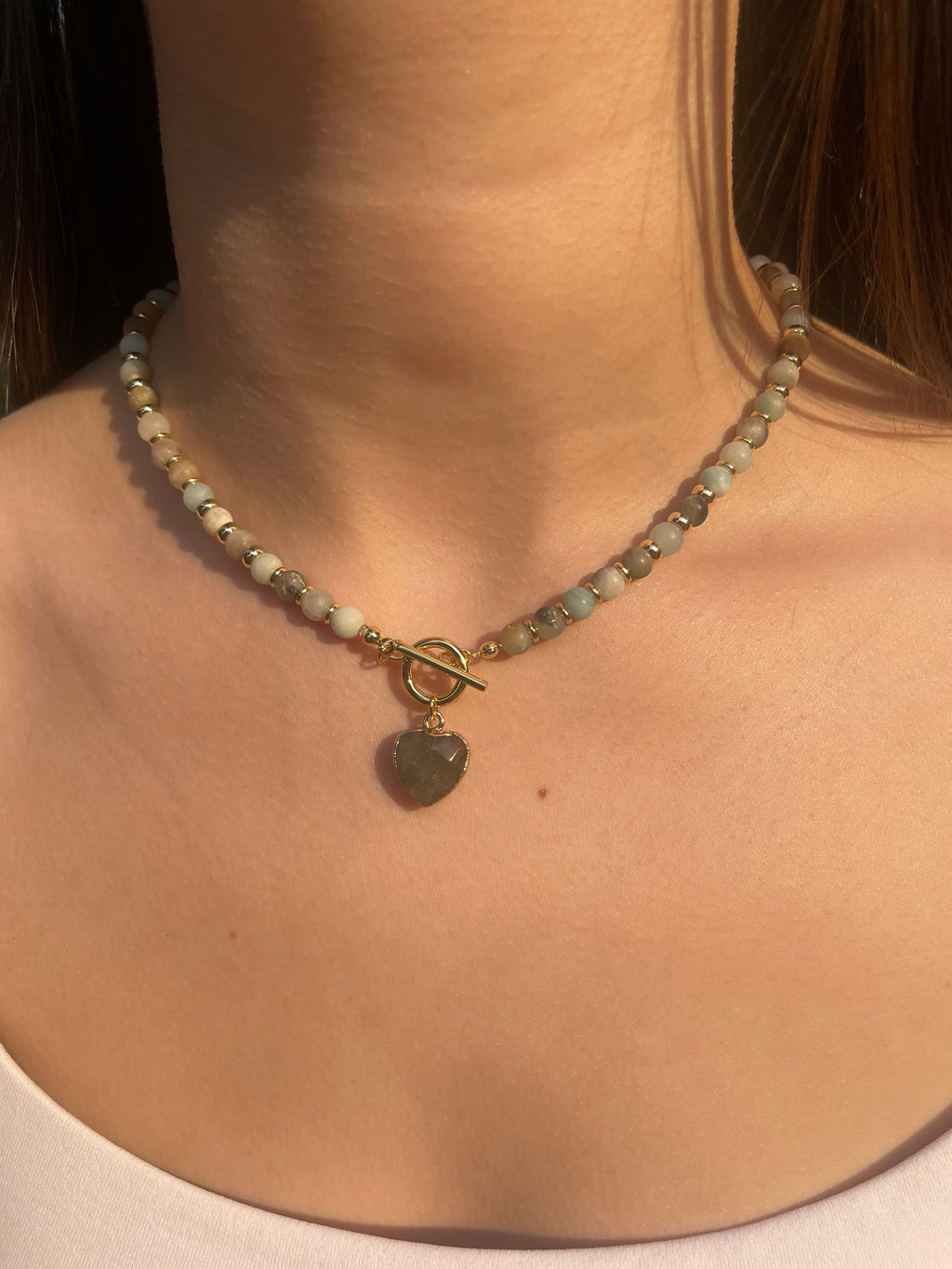 Natural Amazonite Heart Necklace, 18k gold plated clasp