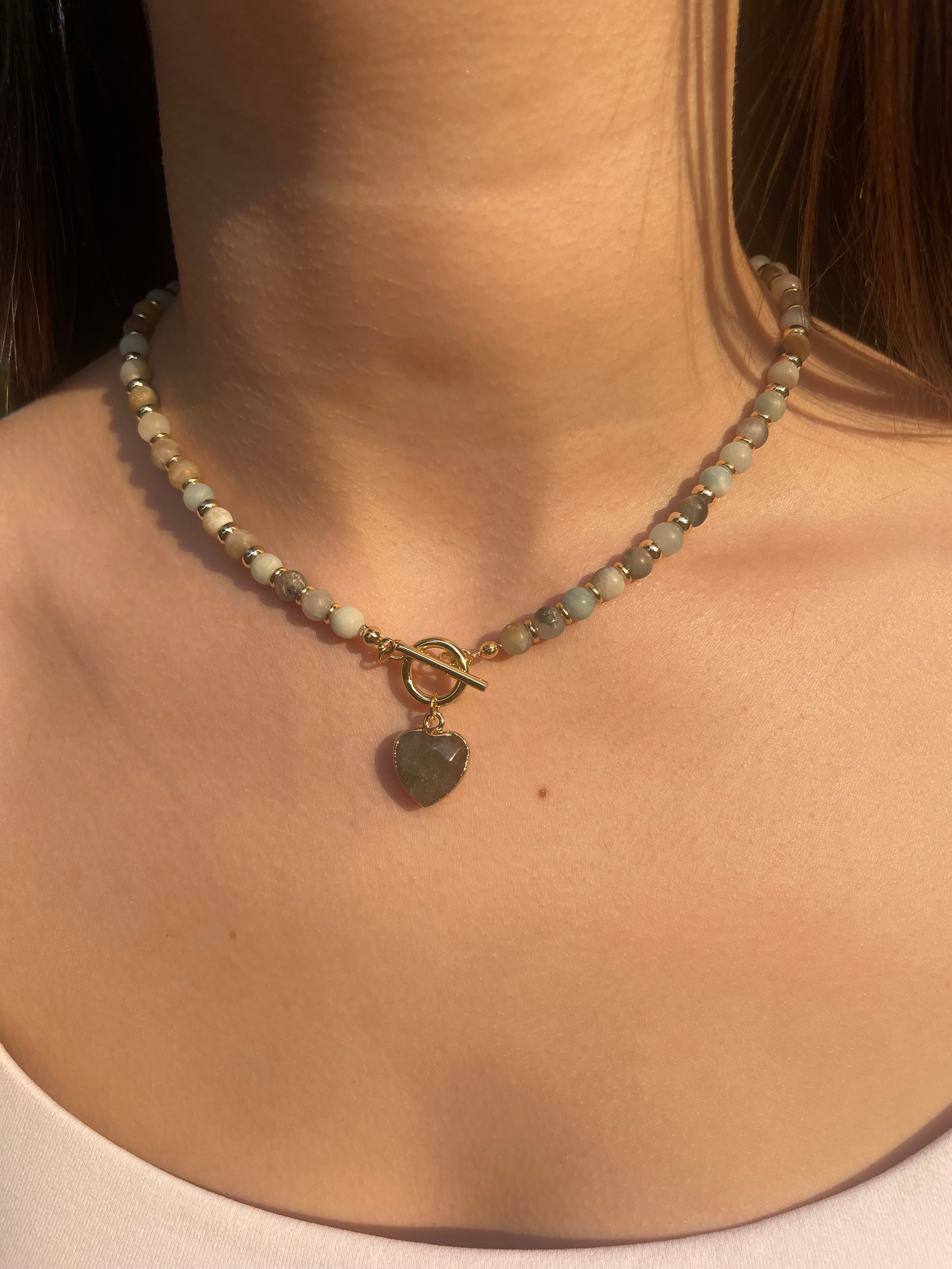 Natural Amazonite Heart Necklace, 18k gold plated clasp