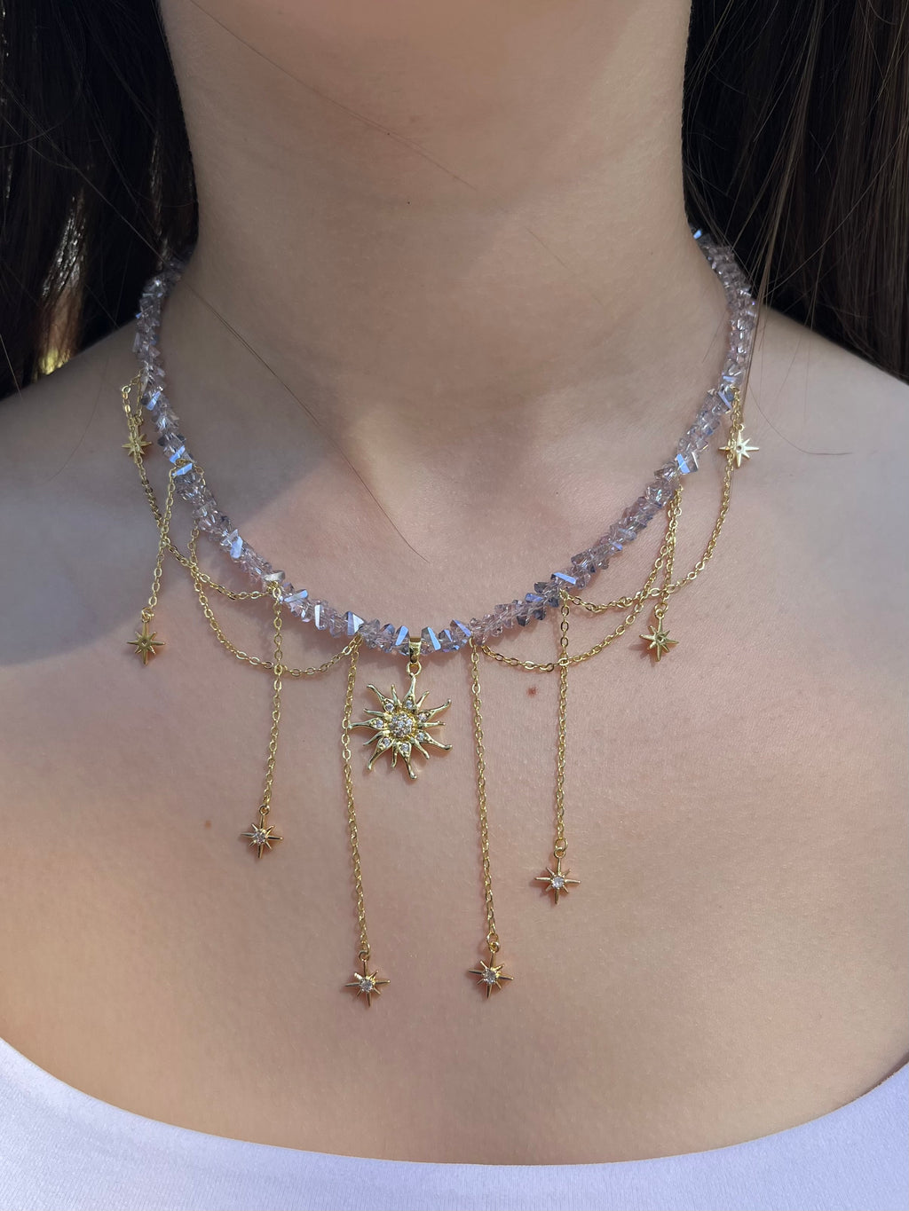 Handmade Crystal Sun & Star Necklace, 18K Gold Plated