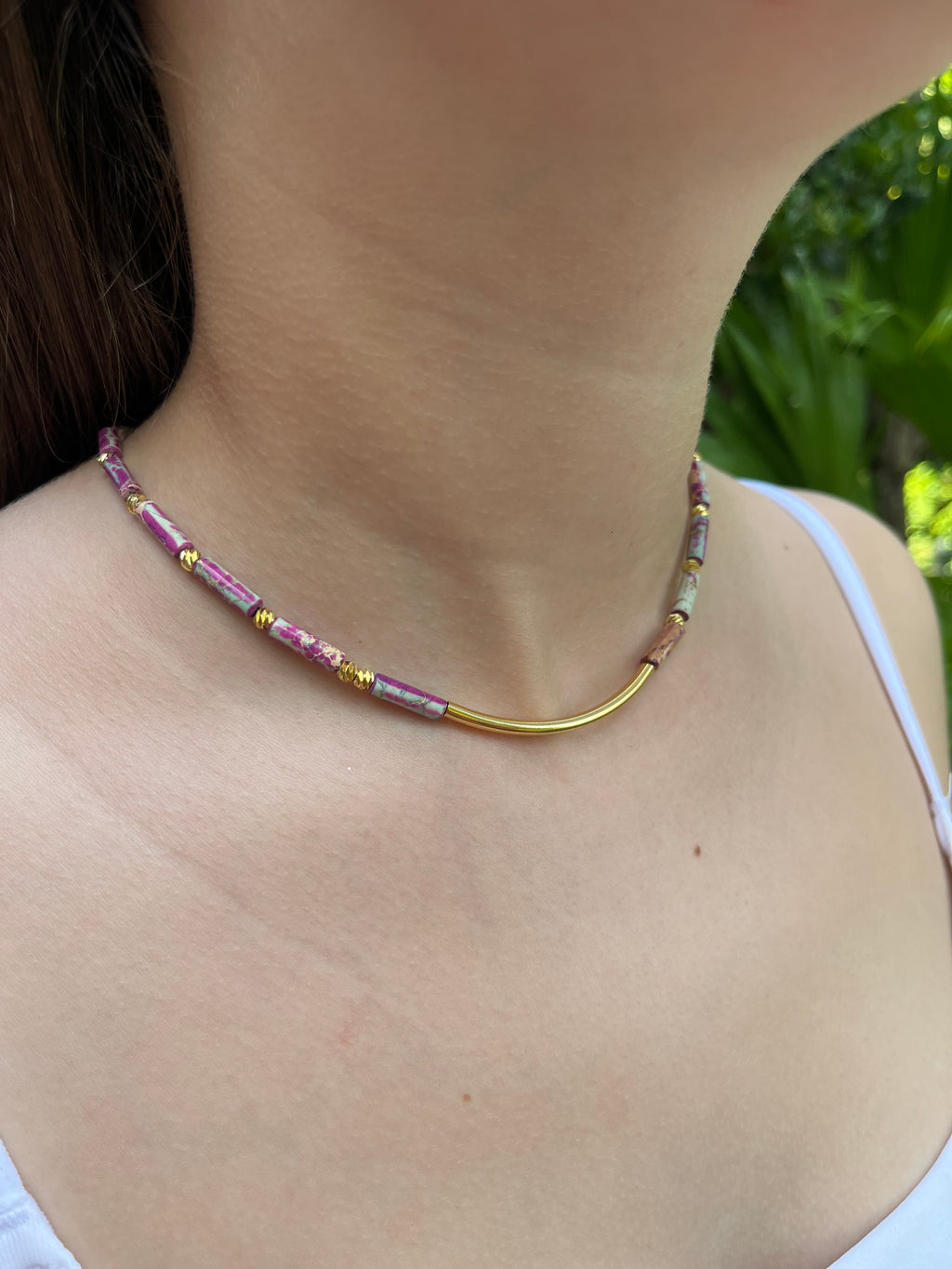 Imperial Jasper Choker: Light Blue, Turquoise, Purple - 14K Gold Plated