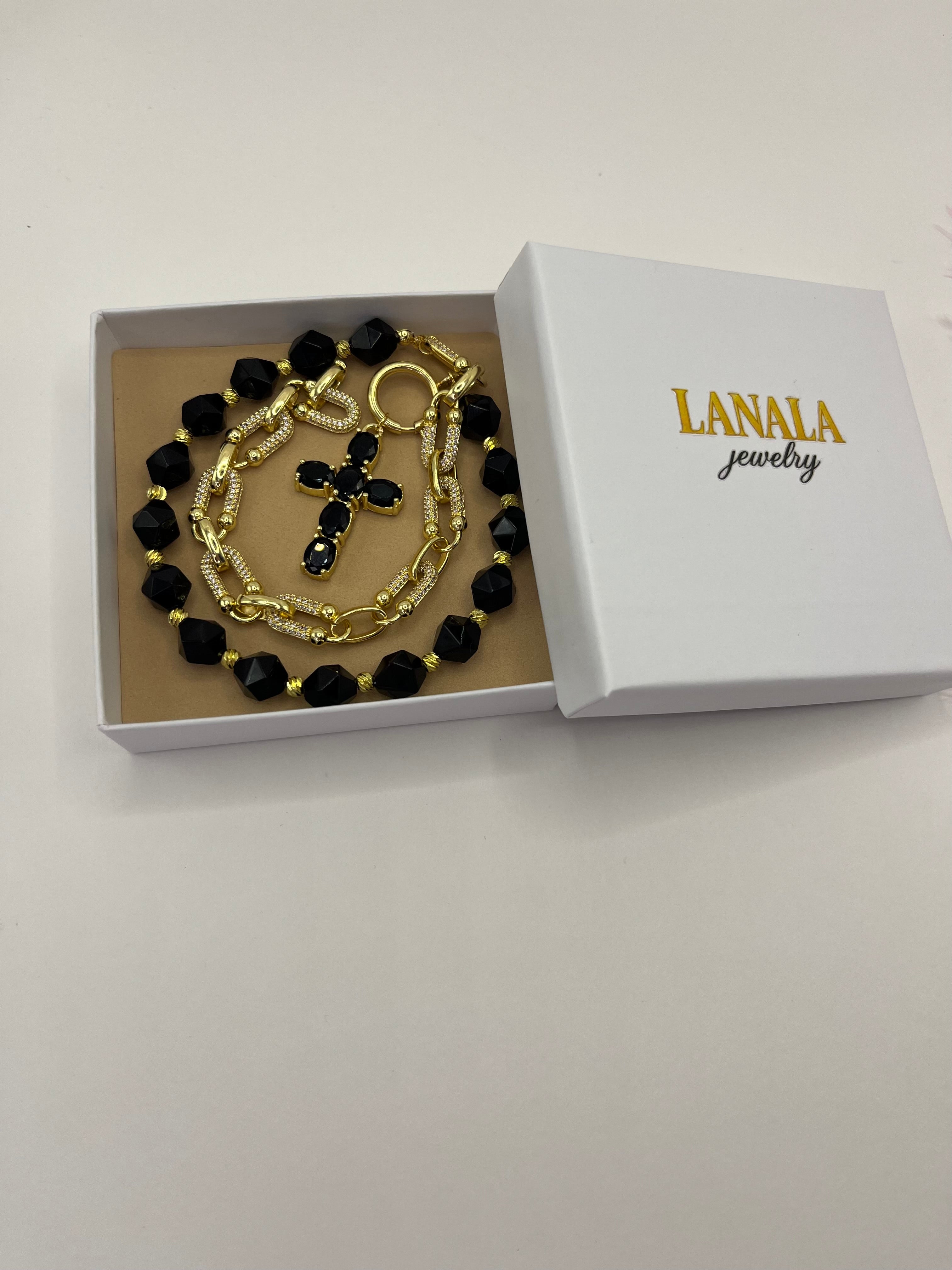 Asymmetrical Black Onyx Necklace– Cross 18K Gold Plated