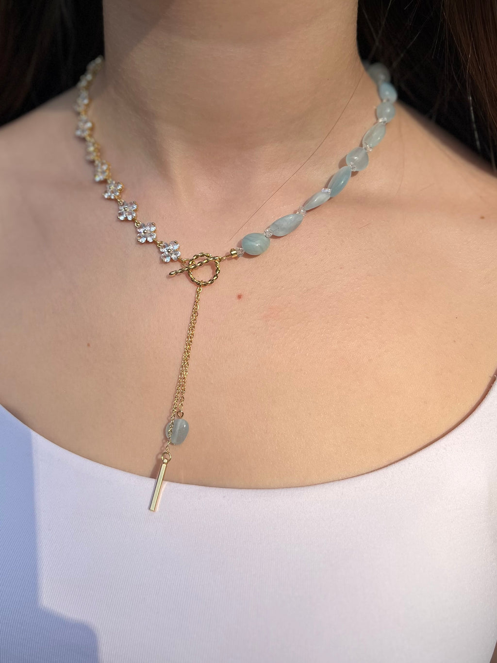 Asymmetrical Aquamarine Y-Necklace, zirconia chain, Bar pendant
