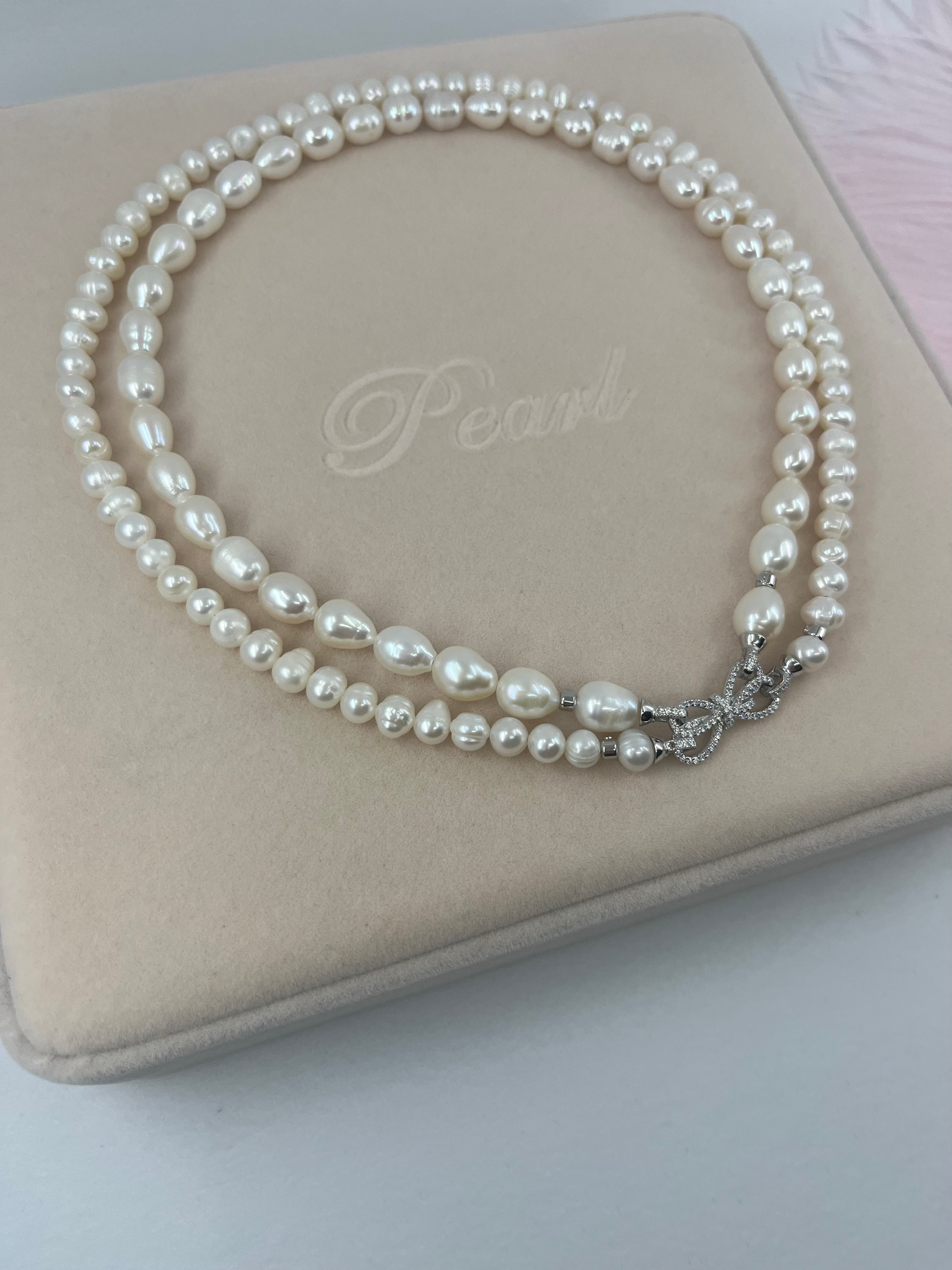 Layered Natural Pearl Necklace with 925 Sterling Silver Bowknot Clasp, Gift Box