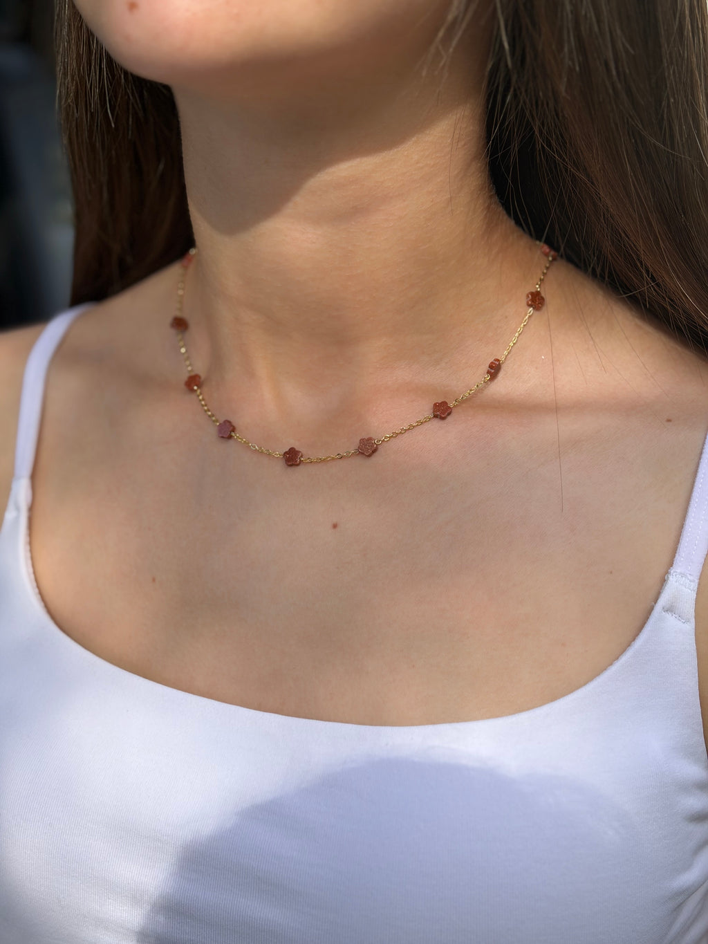 Red Sandstone Flower Necklace: 18K Gold Plated