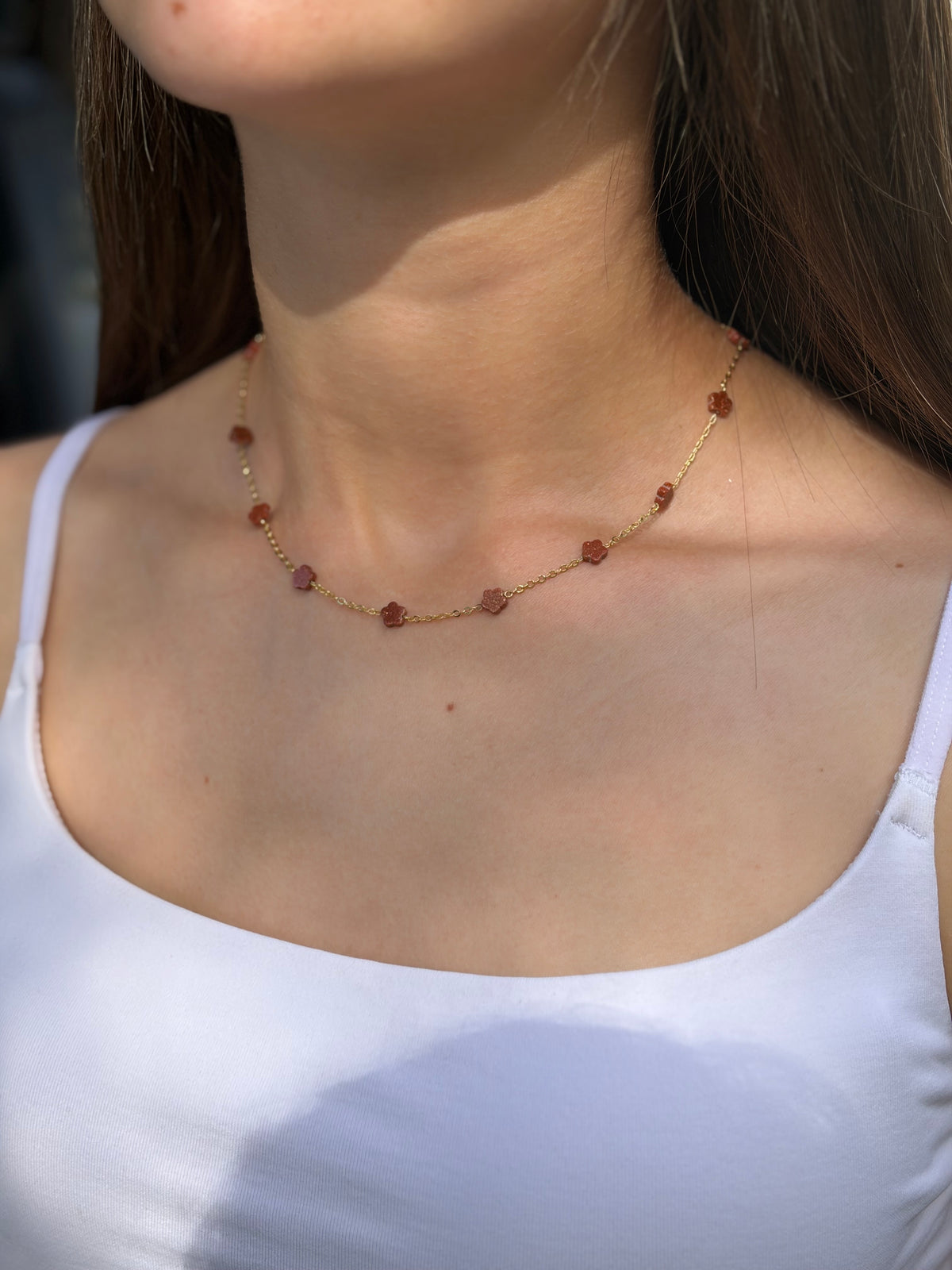 Red Sandstone Flower Necklace: 18K Gold Plated