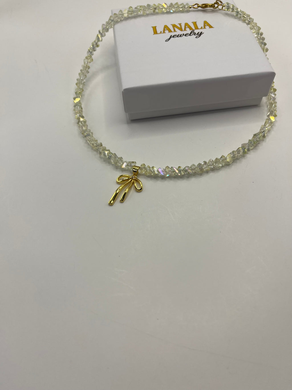Crystal Glass Bead Choker: 18K Gold Bowknot Pendant