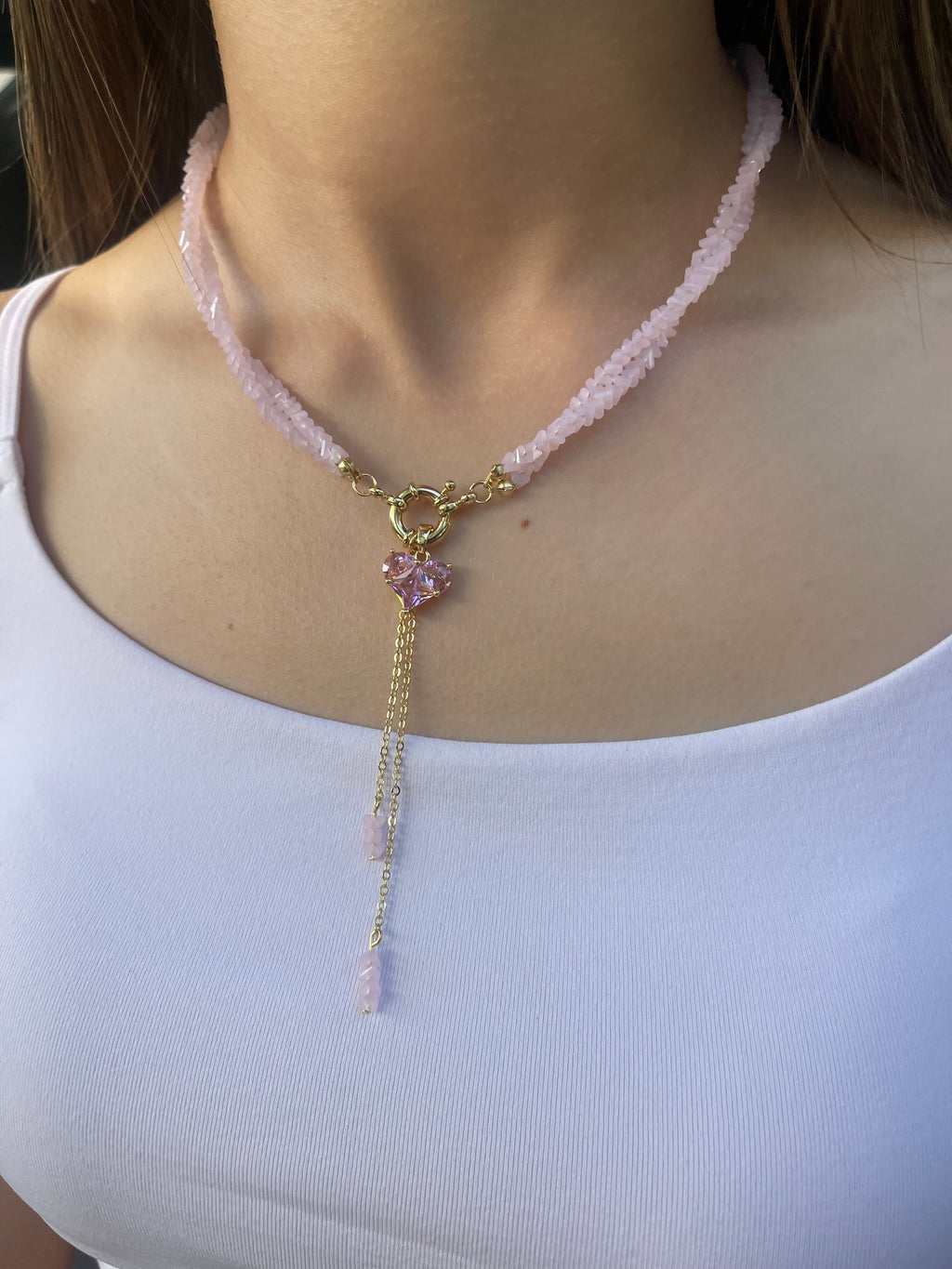 Set: Heart Pink Crystal Y-Necklace and Earrings – 18K Gold Plated, Cubic Zirconia