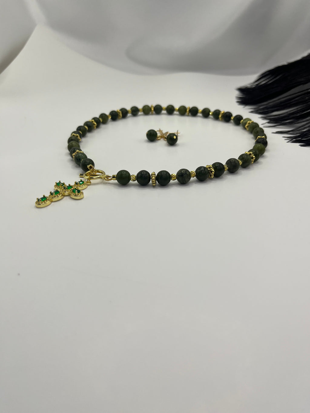 Set: Natural Taiwan Jade Necklace with Zirconia Cross 18K Gold plated