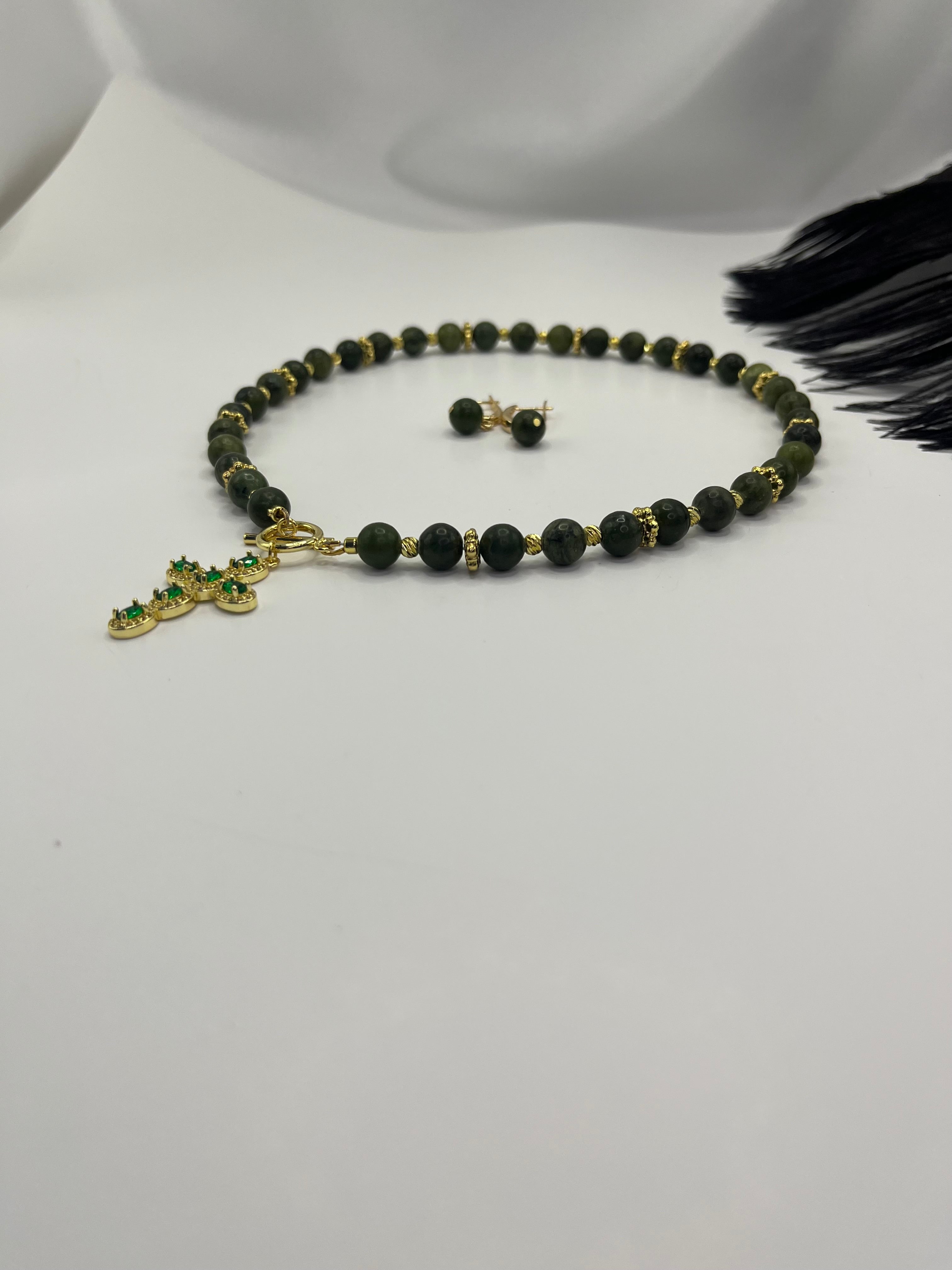Set: Natural Taiwan Jade Necklace with Zirconia Cross 18K Gold plated