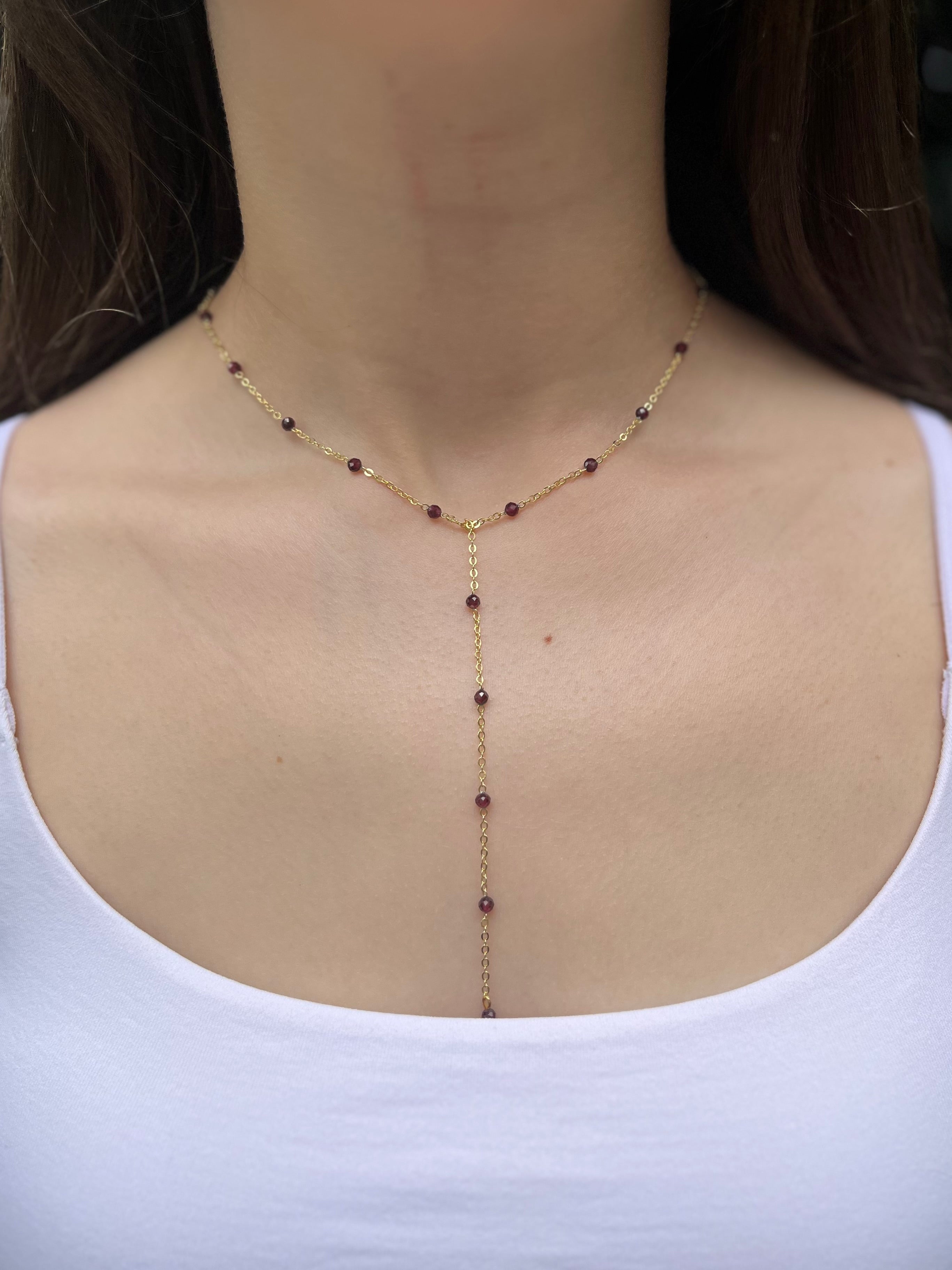 Lariat Garnet necklace , 18K gold plated