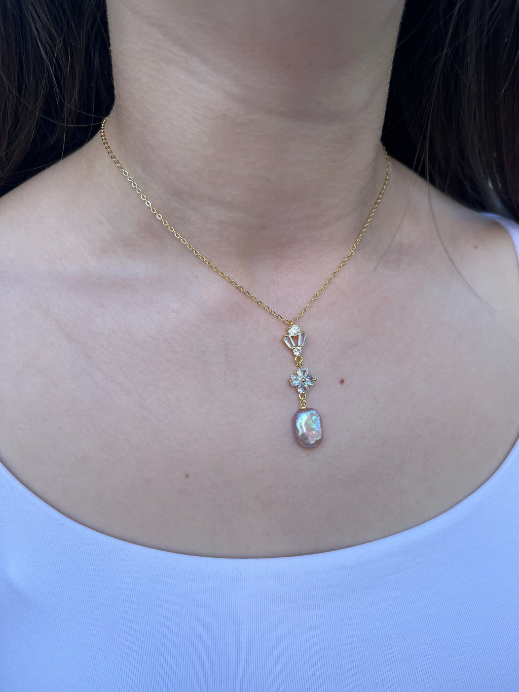 Baroque Pearl and zirconia Y-Necklace, 18k gold plated