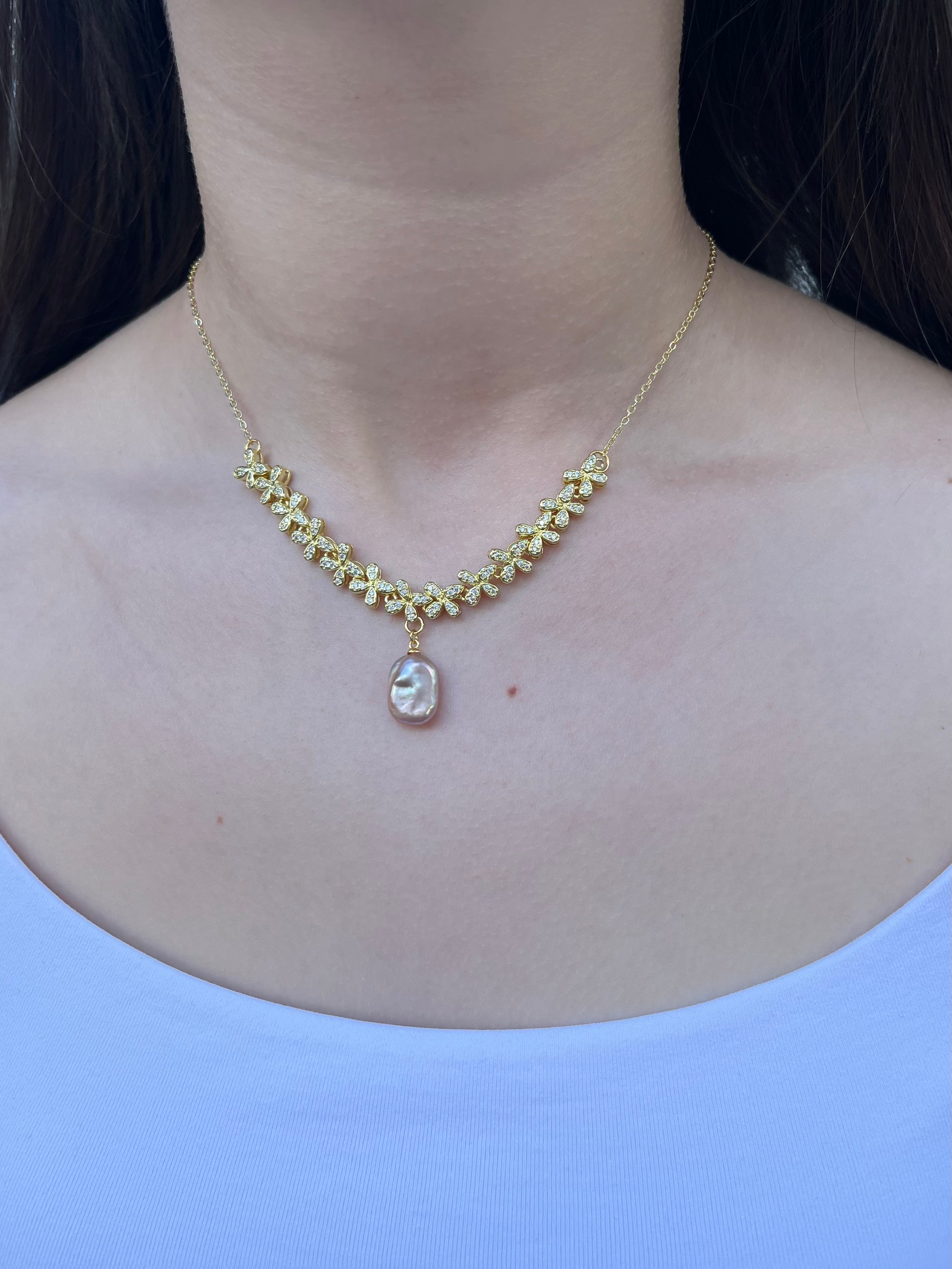 Baroque Pearl and zirconia Y-Necklace, 18k gold plated