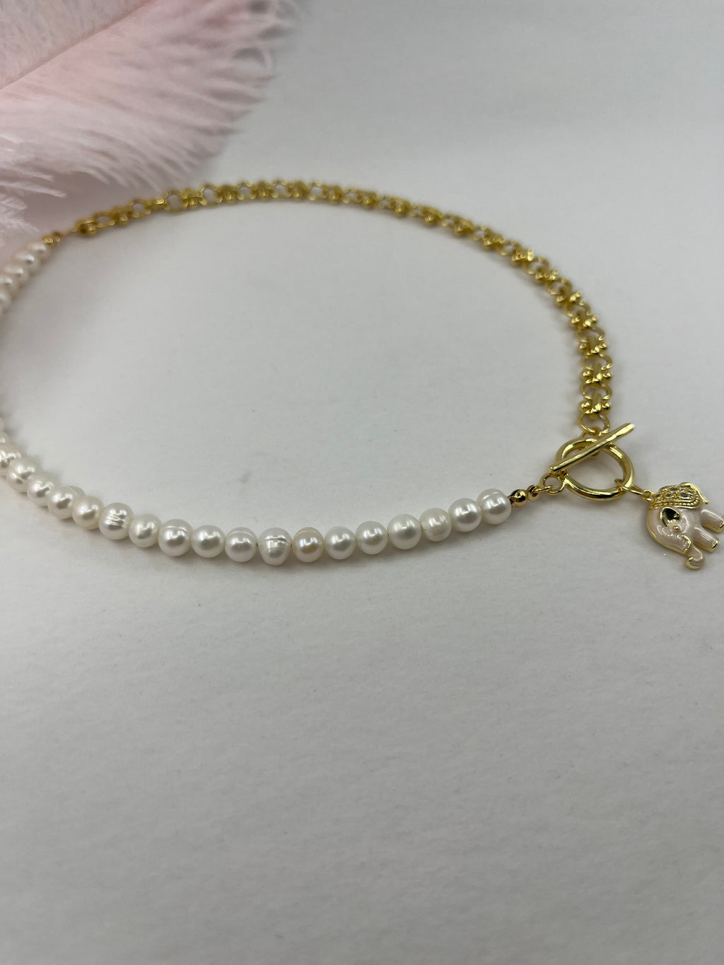 Asymmetrical Pearl Necklace with Elephant Pendant, 18K Gold Plated Chain