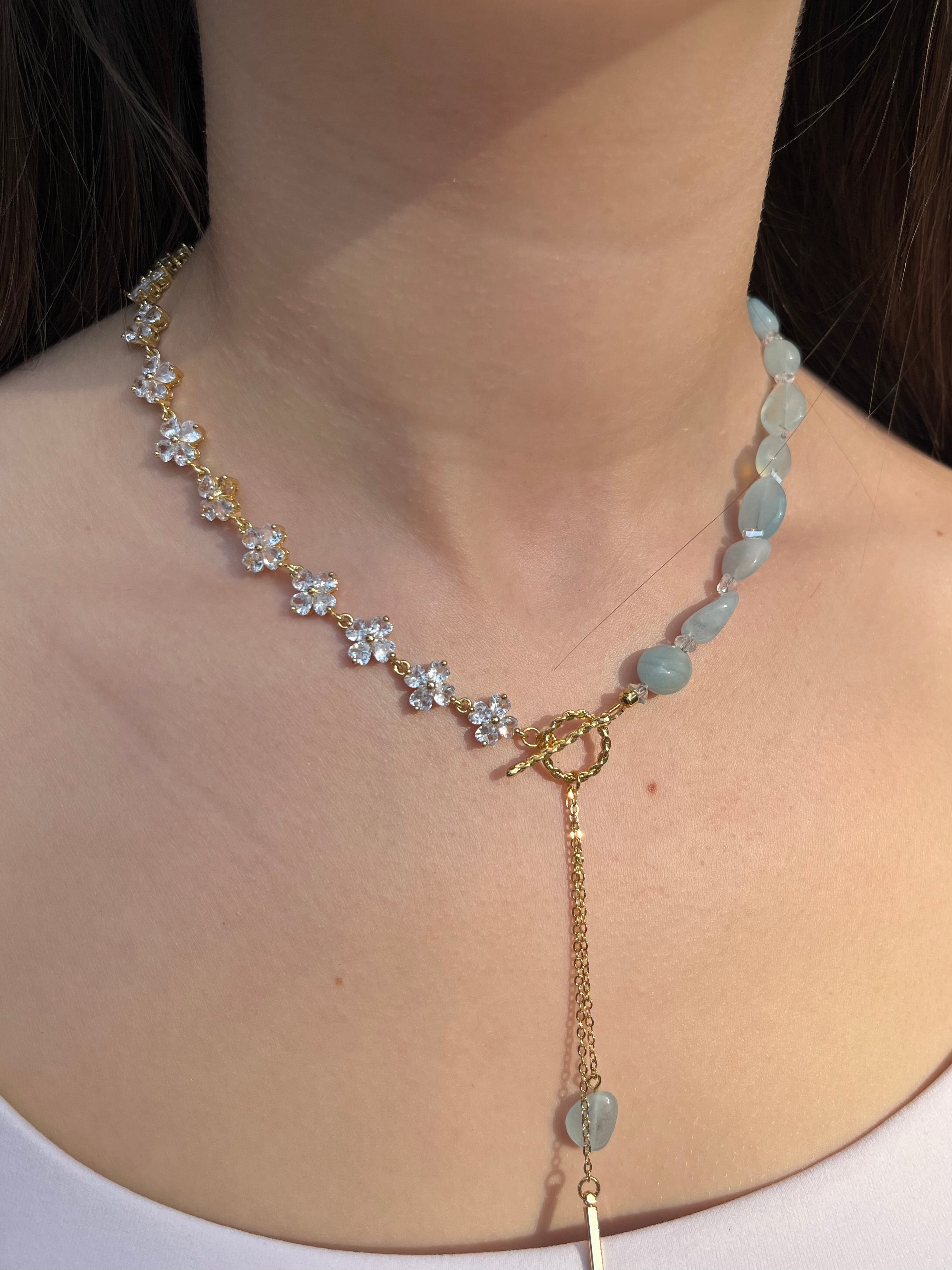 Asymmetrical Aquamarine Y-Necklace, zirconia chain, Bar pendant
