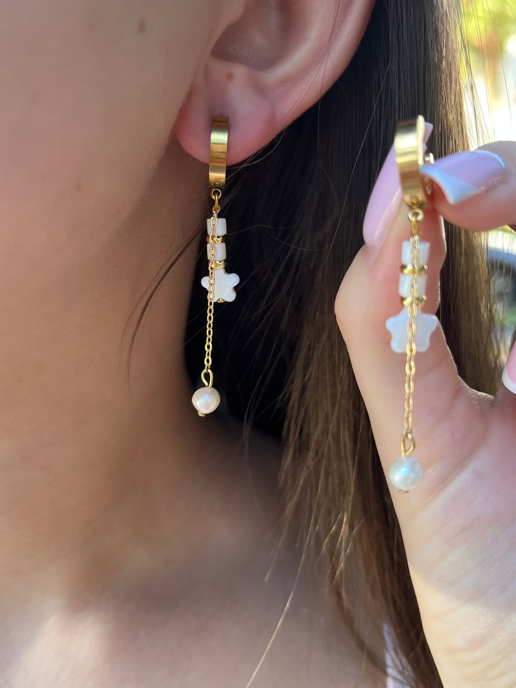 Long Natural Pearl and Shell Drop Earrings