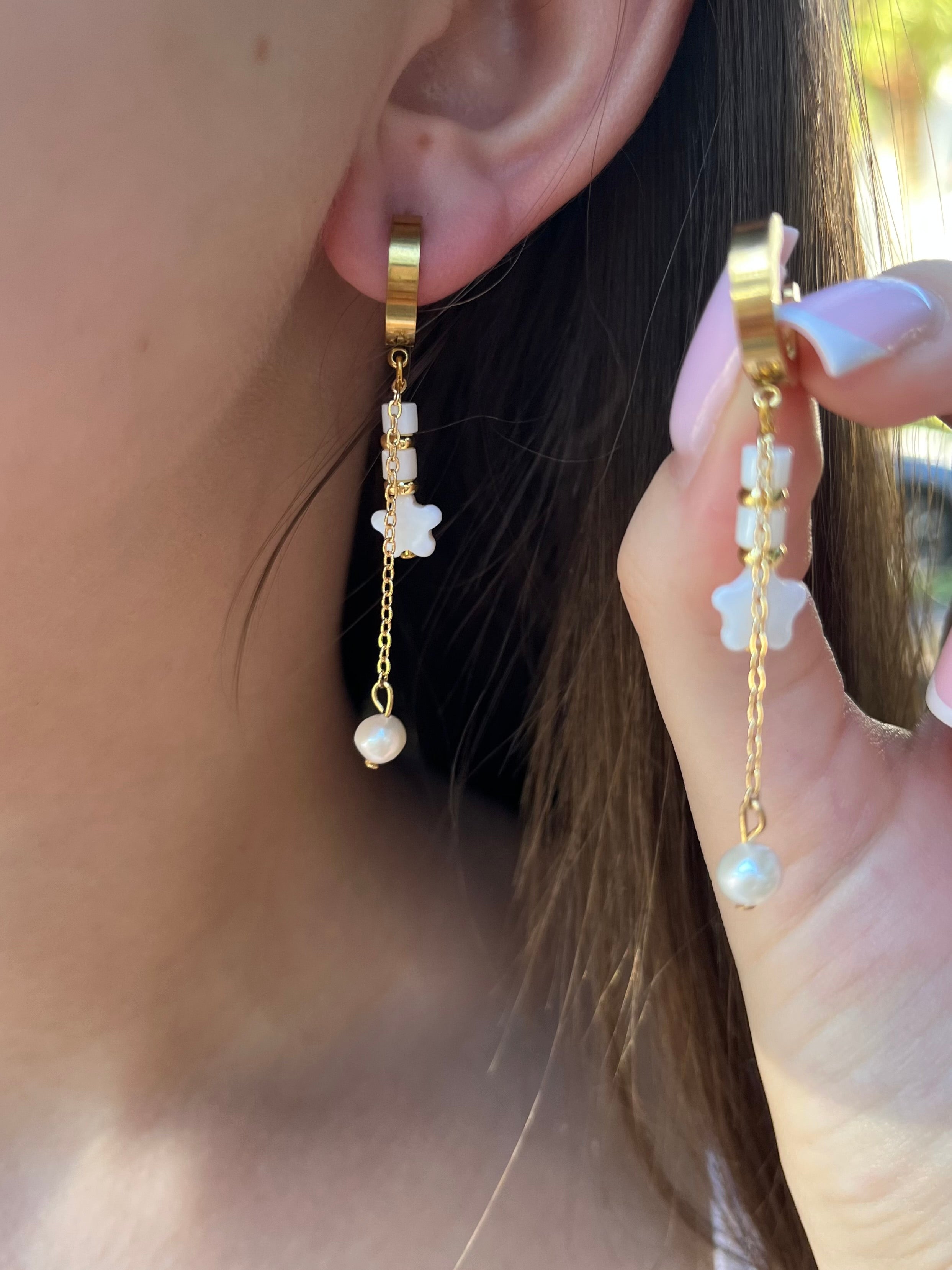 Long Natural Pearl and Shell Drop Earrings