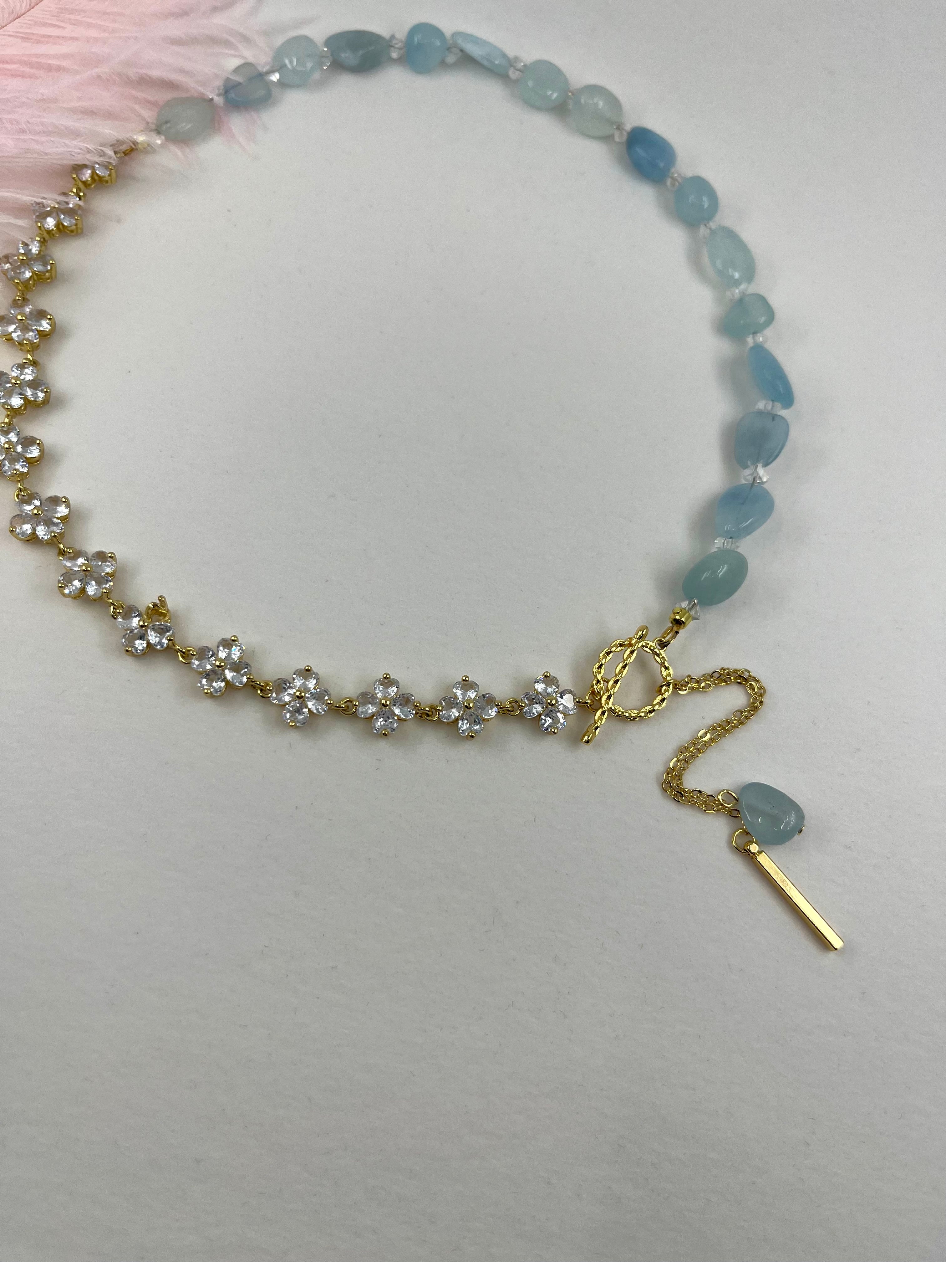 Asymmetrical Aquamarine Y-Necklace, zirconia chain, Bar pendant