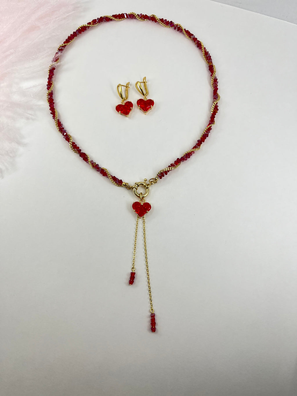 Set: Heart Red Crystal Y-Necklace and Earrings – 18K Gold Plated, Cubic Zirconia