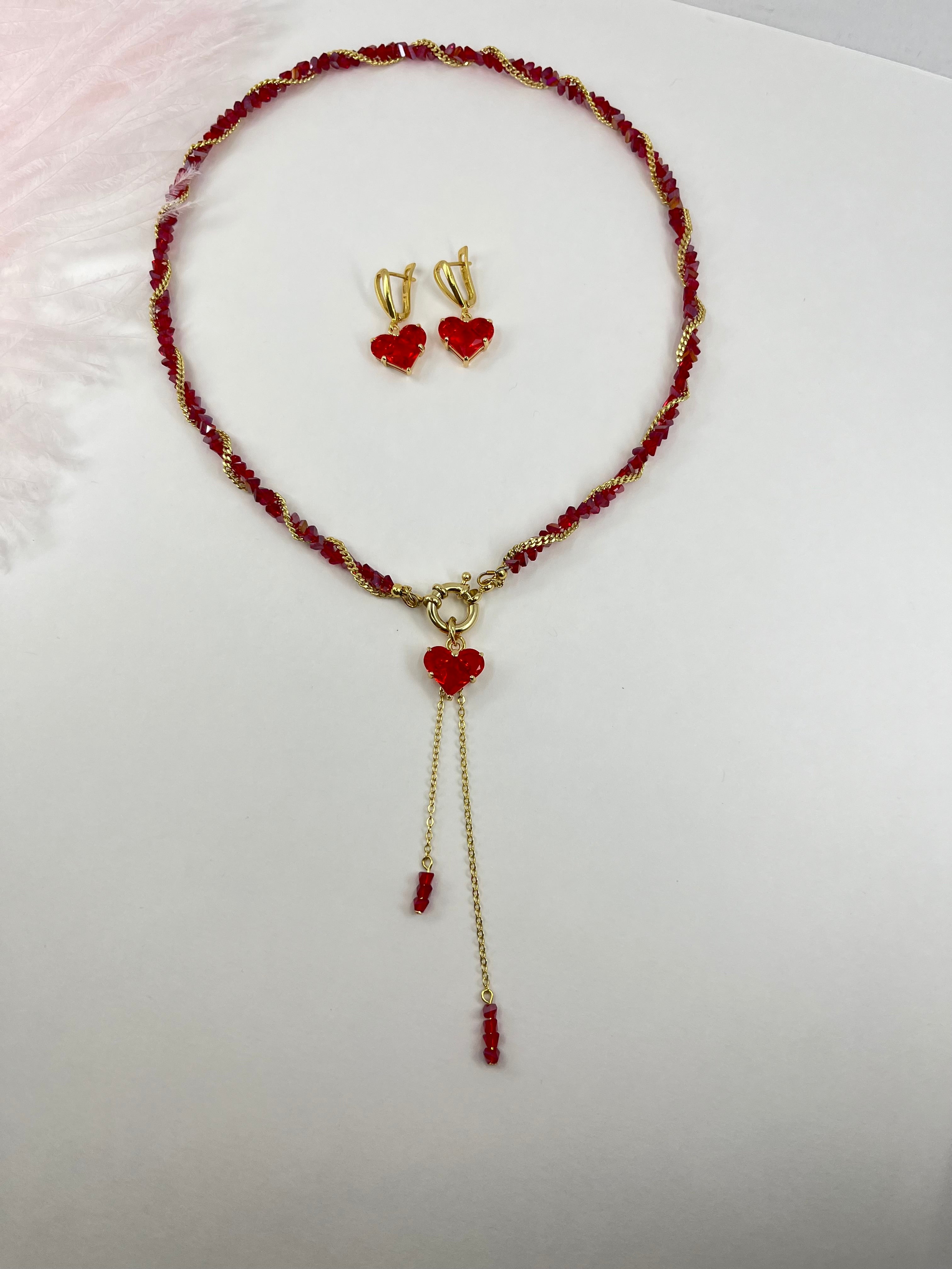 Set: Heart Red Crystal Y-Necklace and Earrings – 18K Gold Plated, Cubic Zirconia