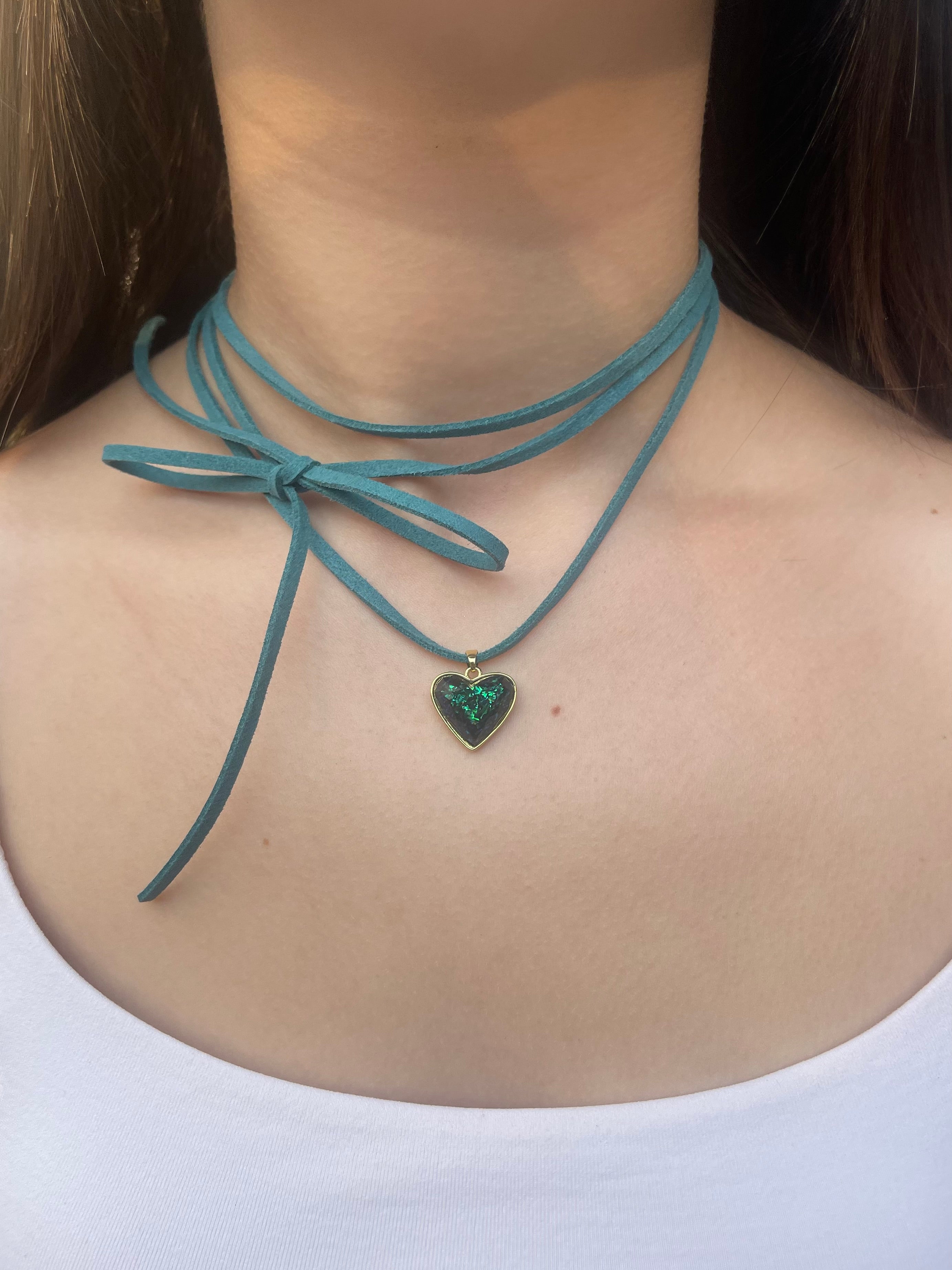 Turquoise Suede Bow Tie Wrap Choker, 18K gold Heart Pendant Necklace
