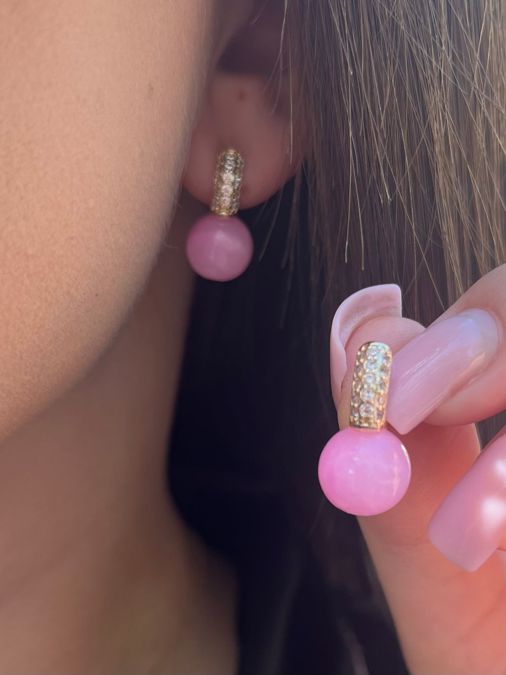 Natural pink Jade Gold Zirconia Earrings