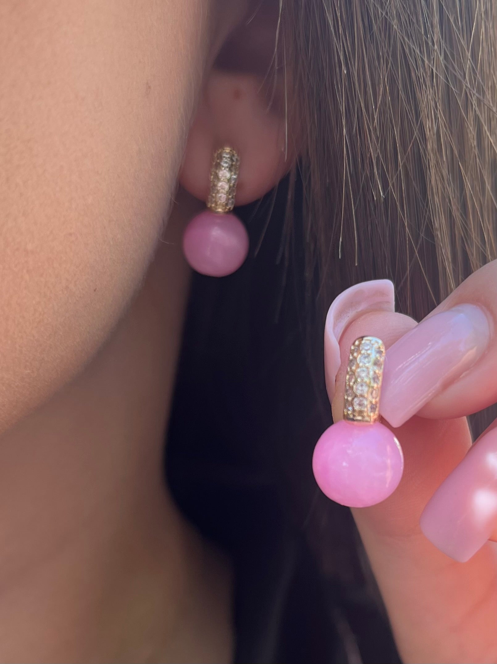 Natural pink Jade Gold Zirconia Earrings