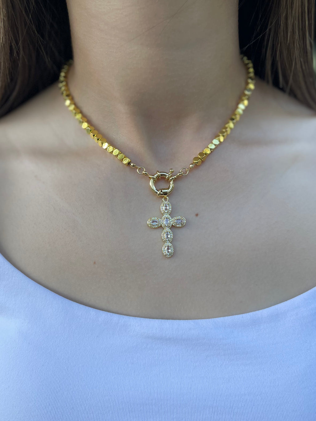 Gold Hematite Cross Necklace, 18K Gold Plated pendant