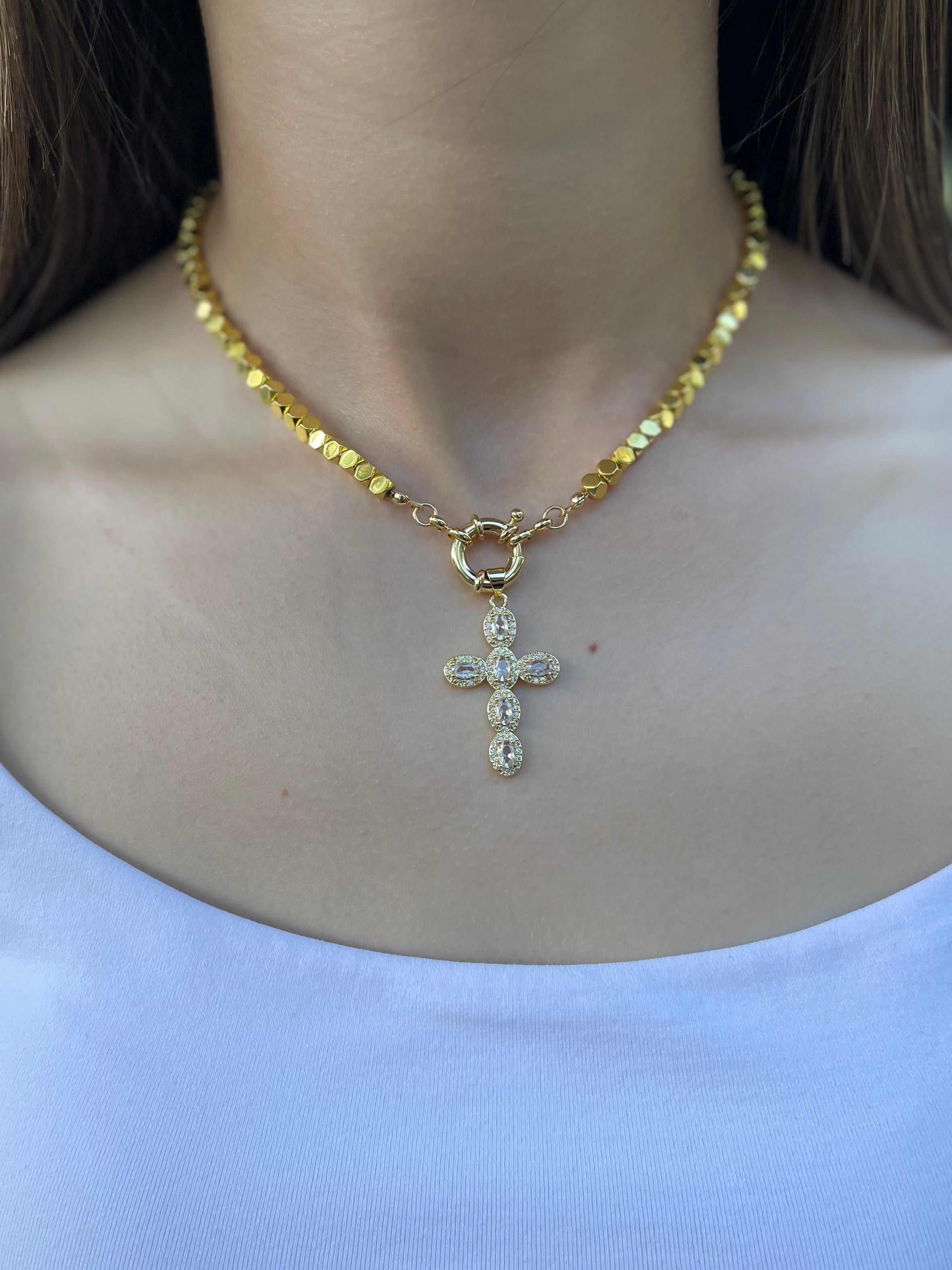 Gold Hematite Cross Necklace, 18K Gold Plated pendant