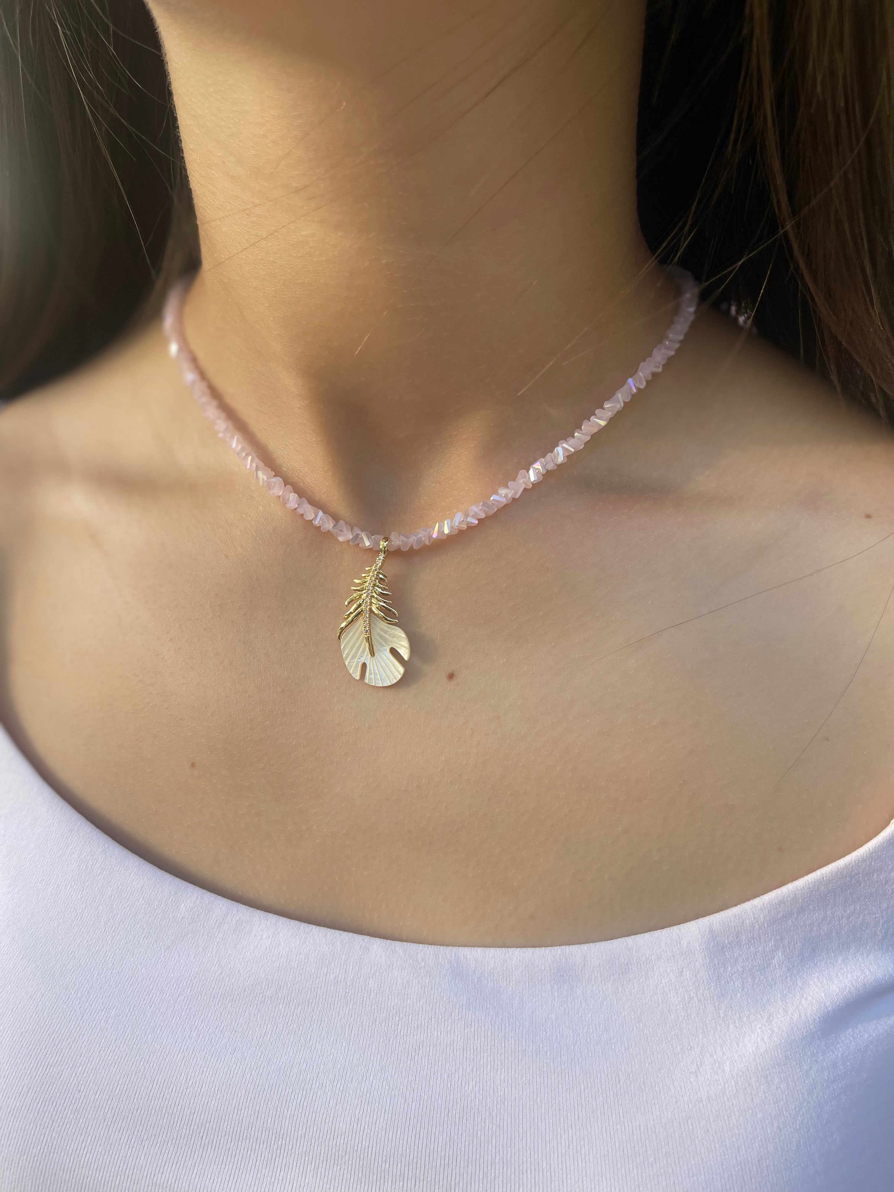 Pink crystal necklace with 14K gold Feather pendant