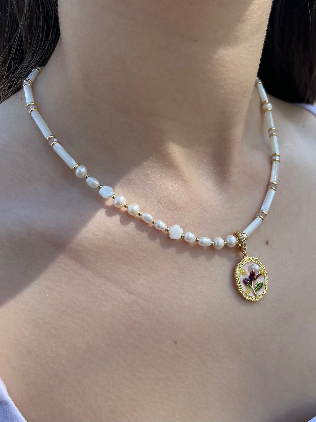 Natural Pearl and Trochus Shell Pendant Necklace, 18K Gold-Plated