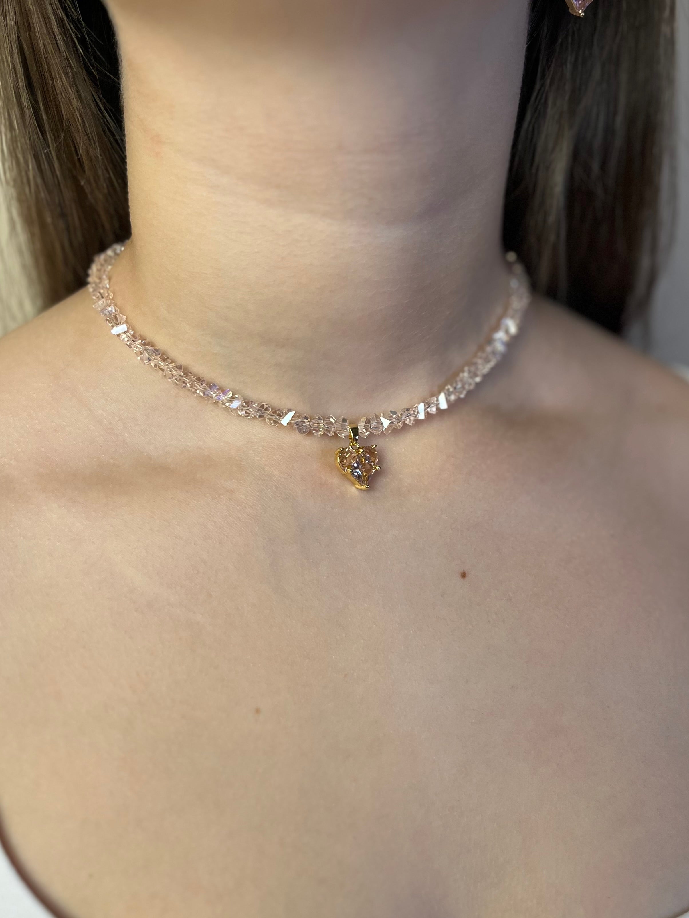 Set: Heart Pink Crystal Choker Necklace and Earrings – 18K Gold Plated, Cubic Zirconia, Nickel Free