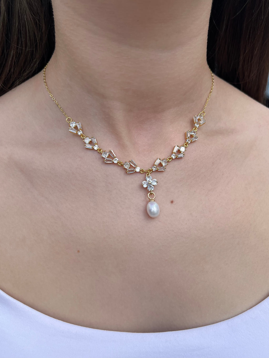 Natural Pearl & Zirconia Necklace with Earrings – 18K Gold Plated, Gift Box