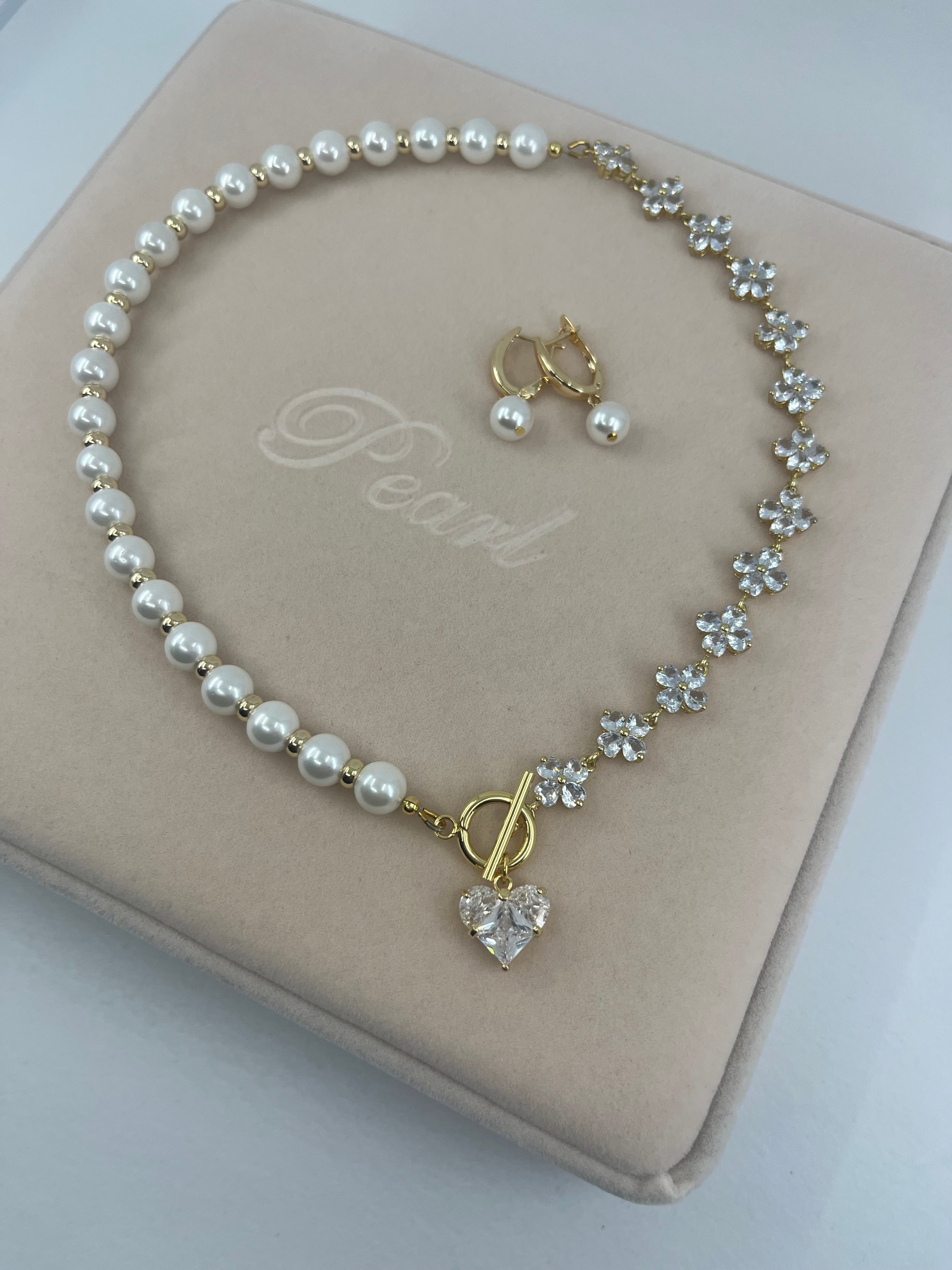 Asymmetrical Pearl Necklace with earrings : 18K Gold Plated