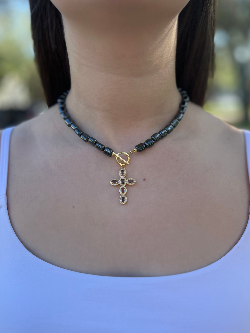 Hematite Choker Necklace with Cross pendant: 18K Gold Plated