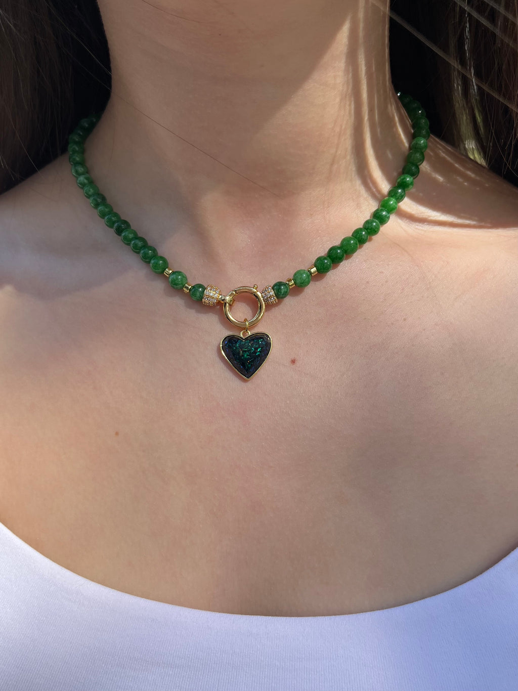 Natural Green Jade Necklace with Heart Pendant