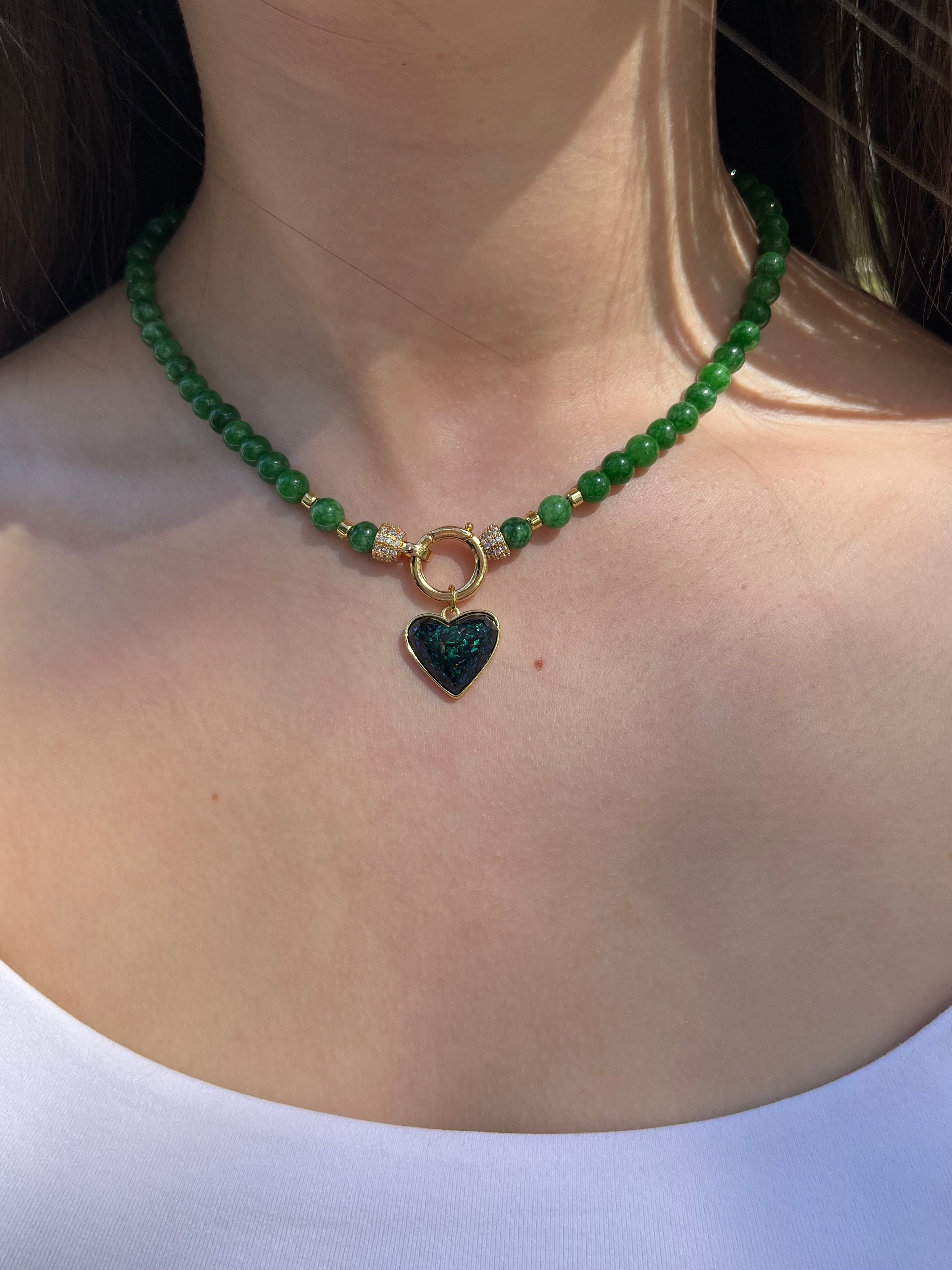 Natural Green Jade Necklace with Heart Pendant