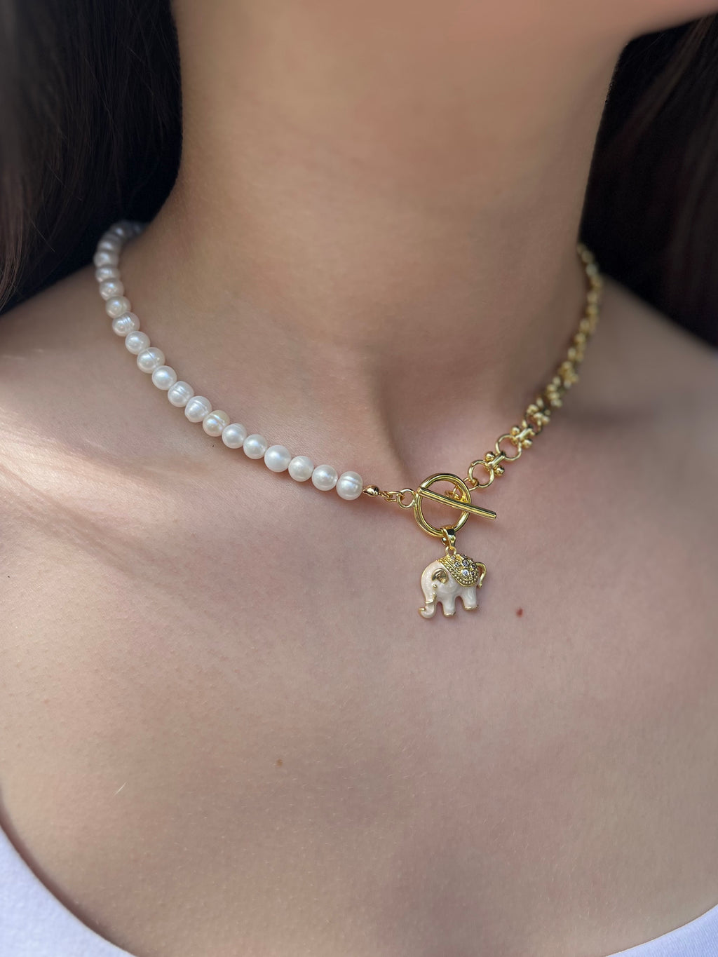 Asymmetrical Pearl Necklace with Elephant Pendant, 18K Gold Plated Chain
