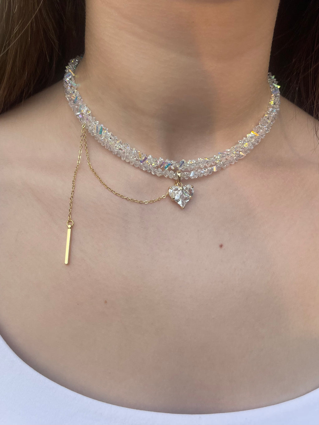 Set: Heart Crystal Choker Necklace and Earrings – 18K Gold Plated, Cubic Zirconia, Nickel Free
