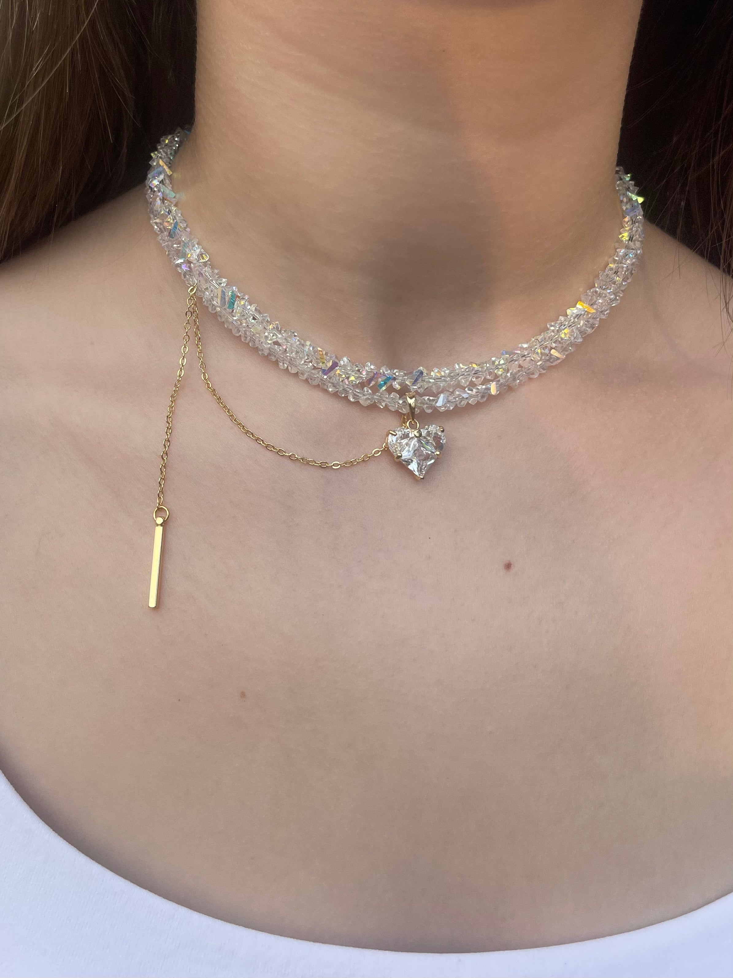 Set: Heart Crystal Choker Necklace and Earrings – 18K Gold Plated, Cubic Zirconia, Nickel Free